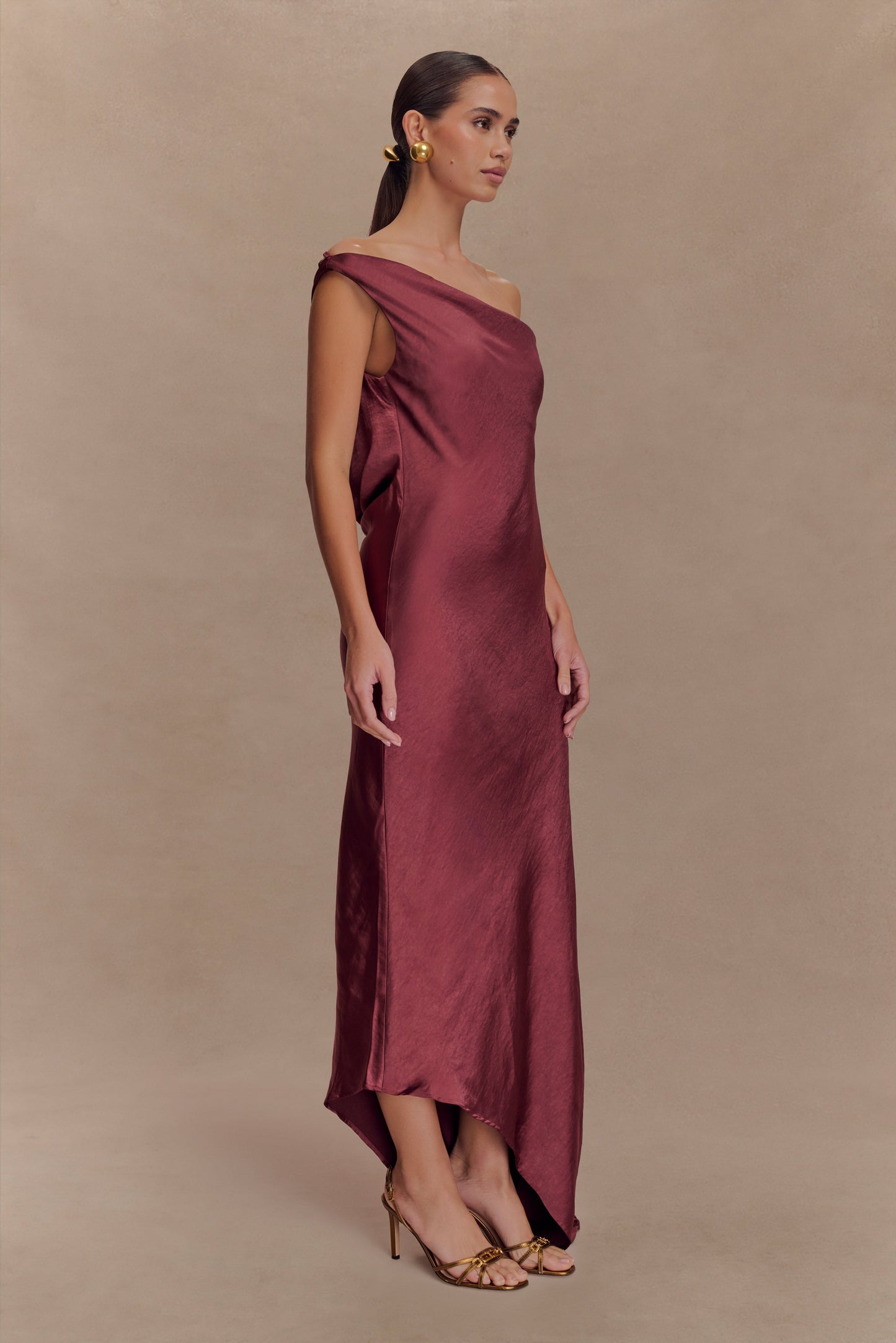 Yvette Asymmetrical Slip Maxi Dress in Emerald Brown Cherry 5