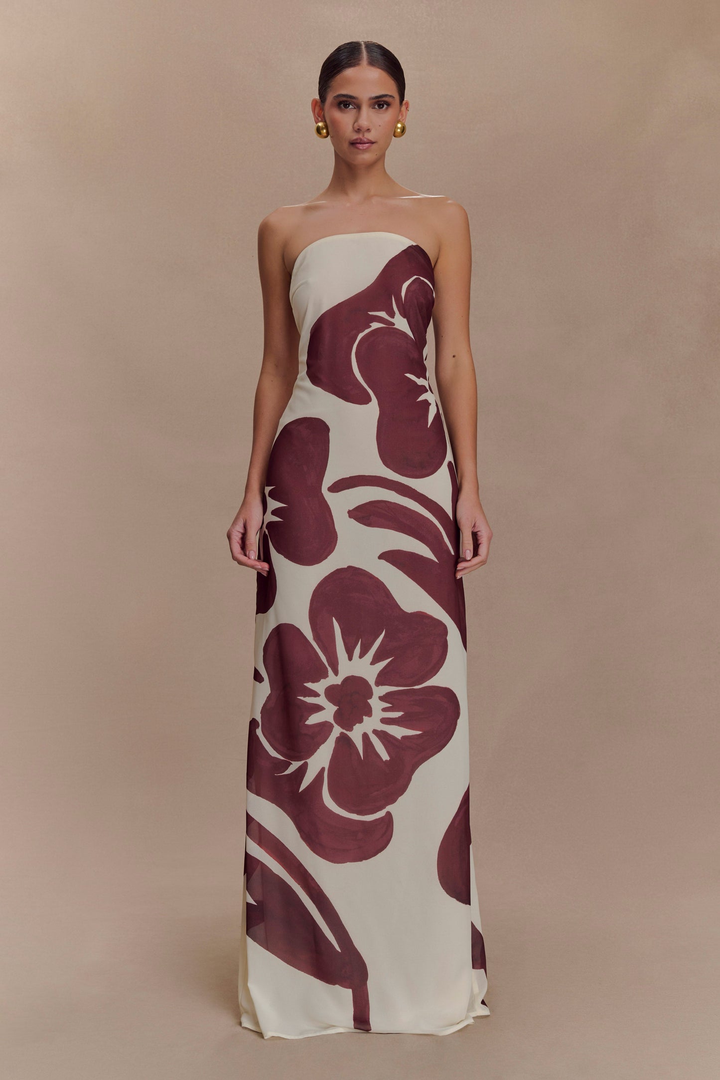 Amaya Strapless Chiffon Maxi Dress Brown Deco Fleur Print 1