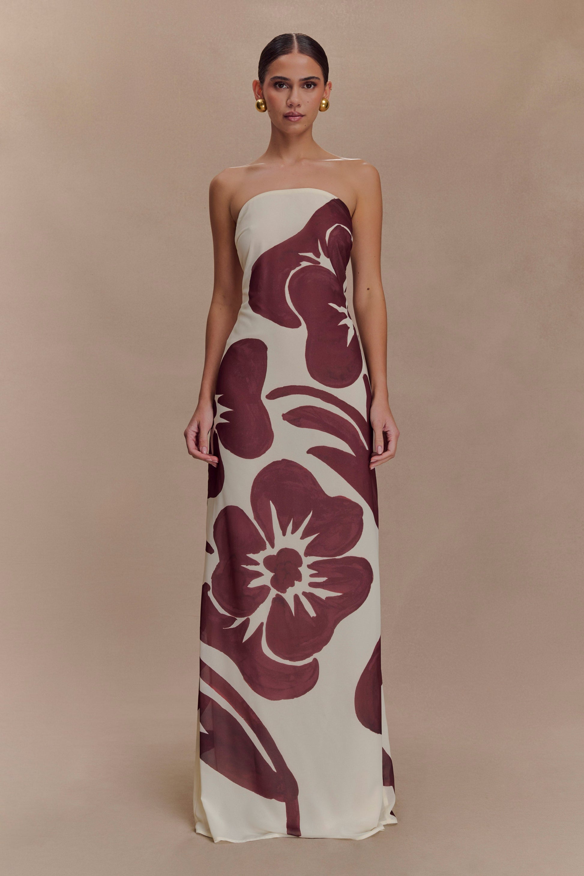 Amaya Strapless Chiffon Maxi Dress Brown Deco Fleur Print 1