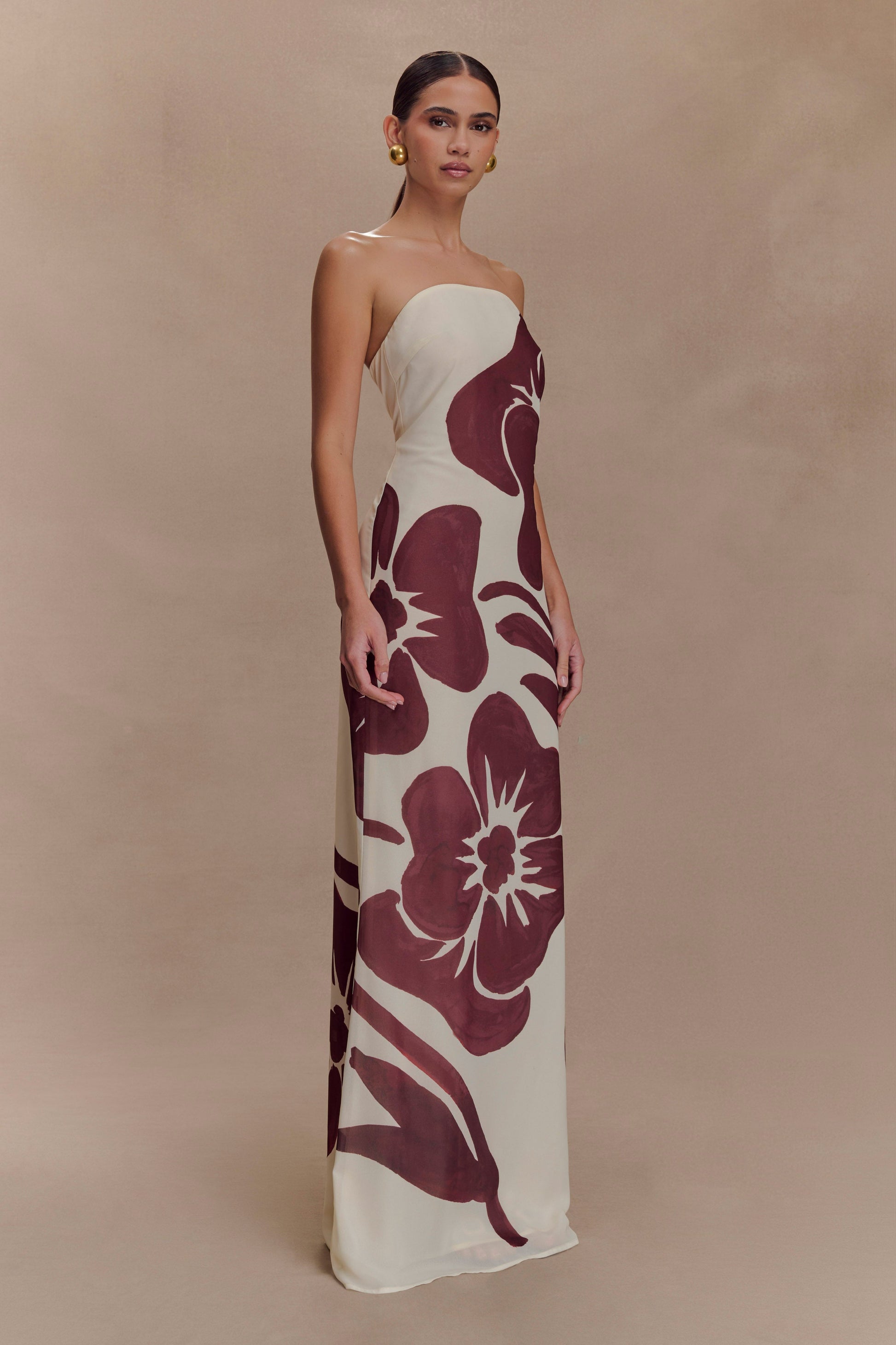 Amaya Strapless Chiffon Maxi Dress Brown Deco Fleur Print 4