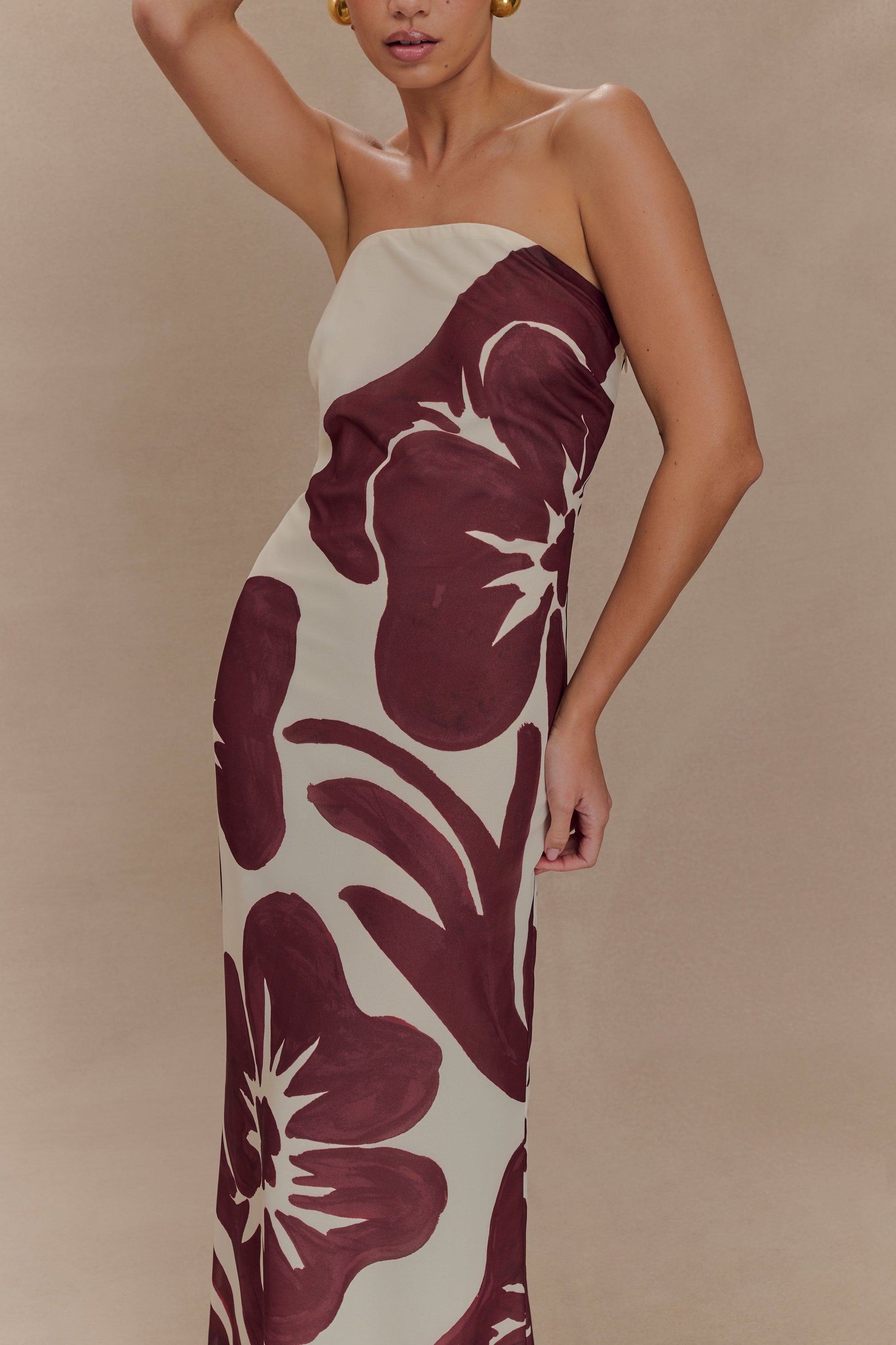 Amaya Strapless Chiffon Maxi Dress Brown Deco Fleur Print 3