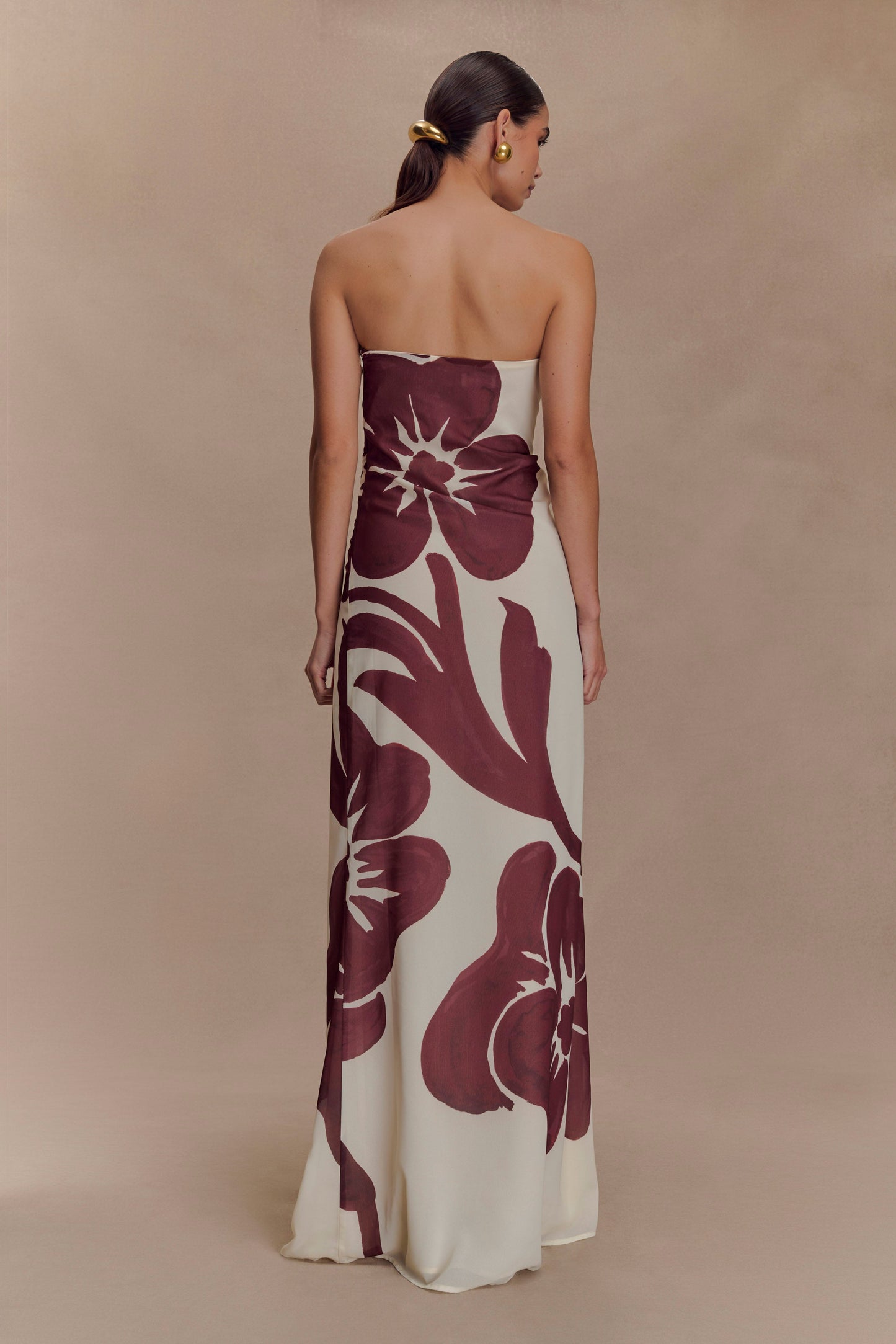 Amaya Strapless Chiffon Maxi Dress Brown Deco Fleur Print 2