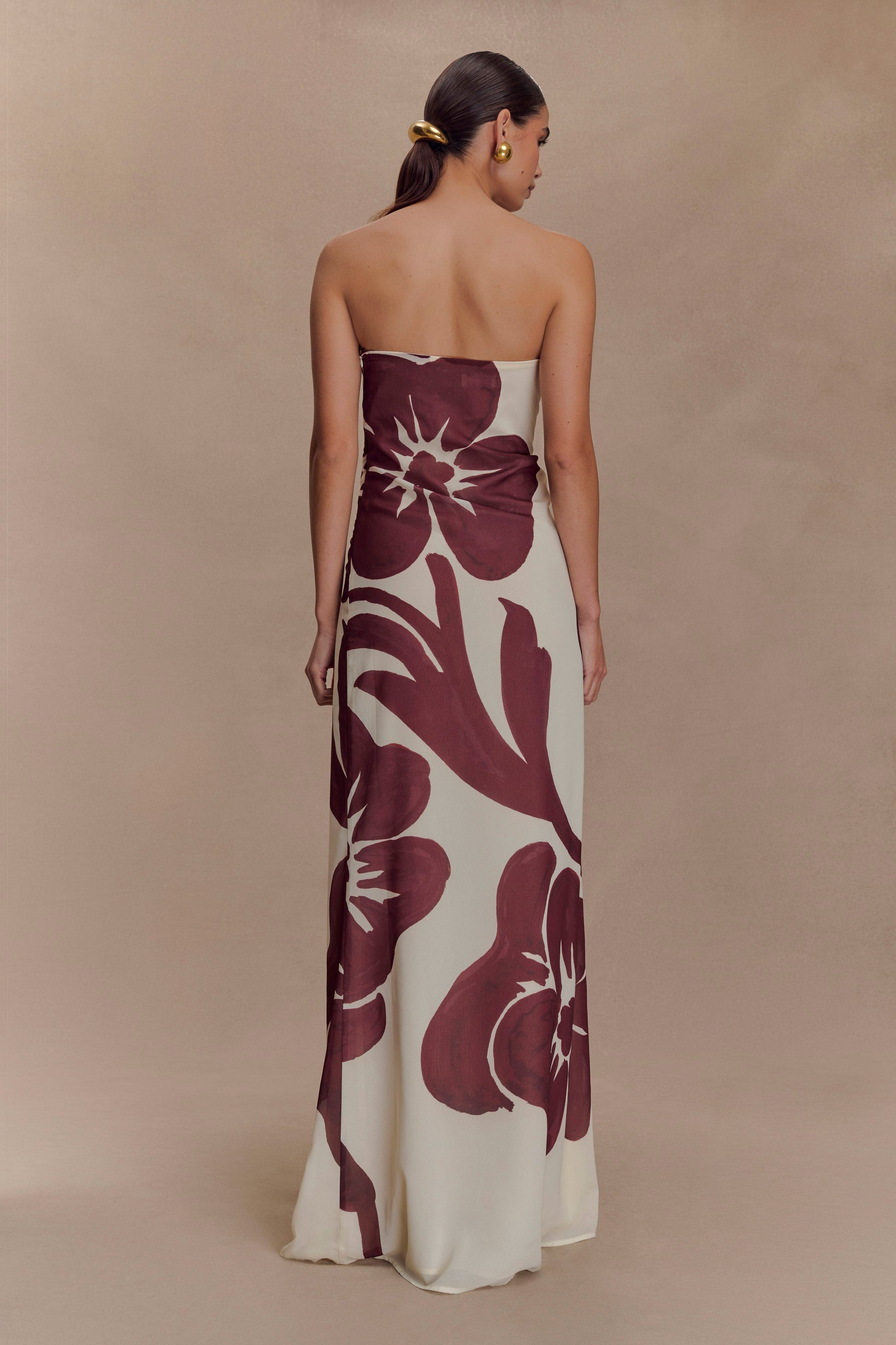 Amaya Strapless Chiffon Maxi Dress Brown Deco Fleur Print 2
