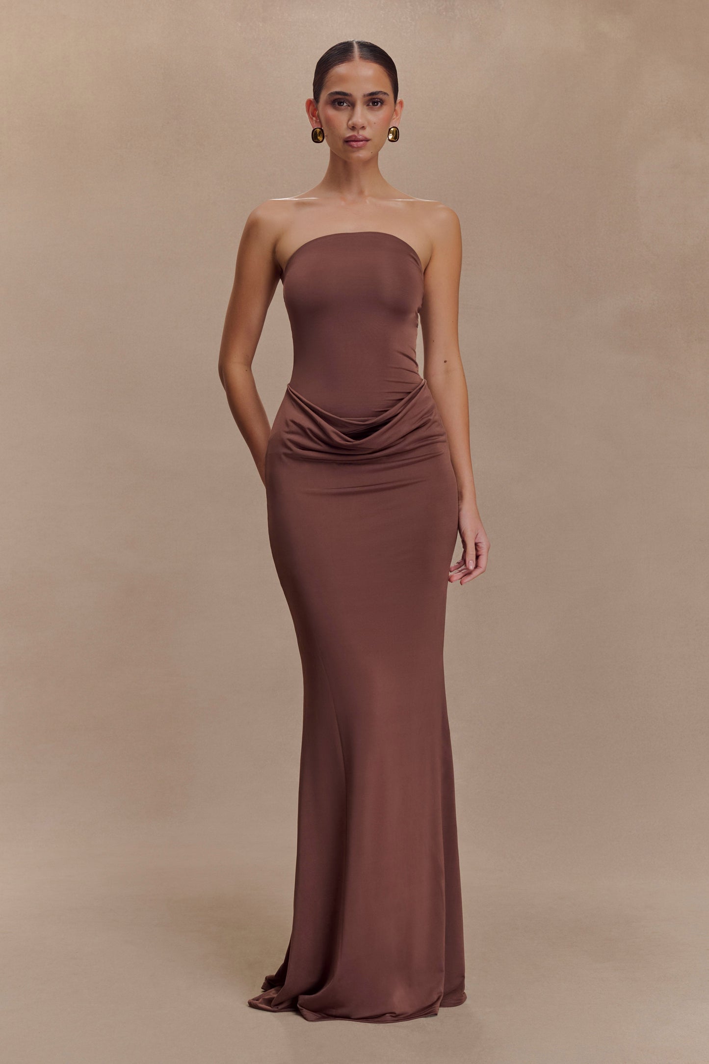 Madison Slinky Strapless Maxi Dress in Chocolate Chocolate 1