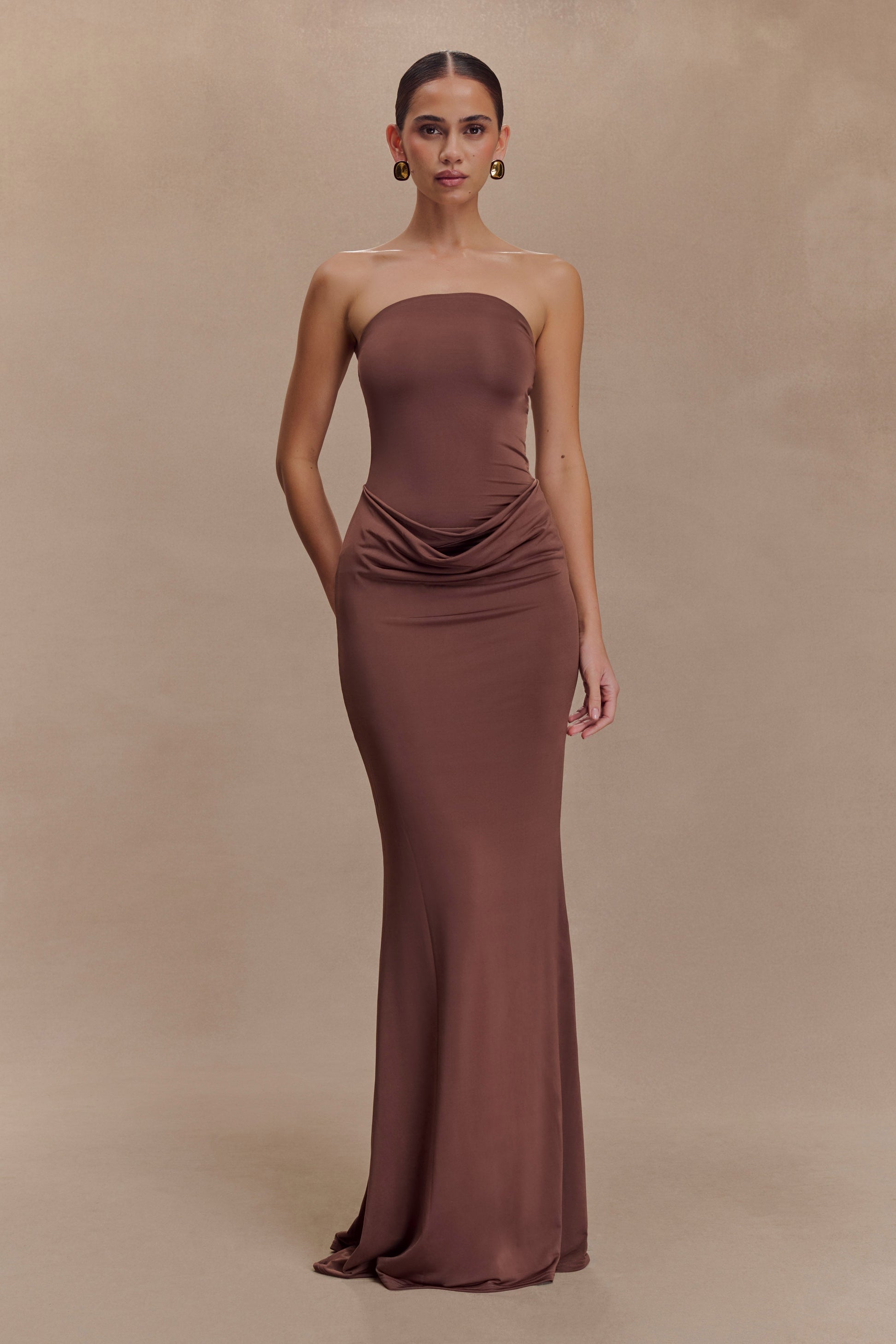 Madison Slinky Strapless Maxi Dress in Chocolate Chocolate 1