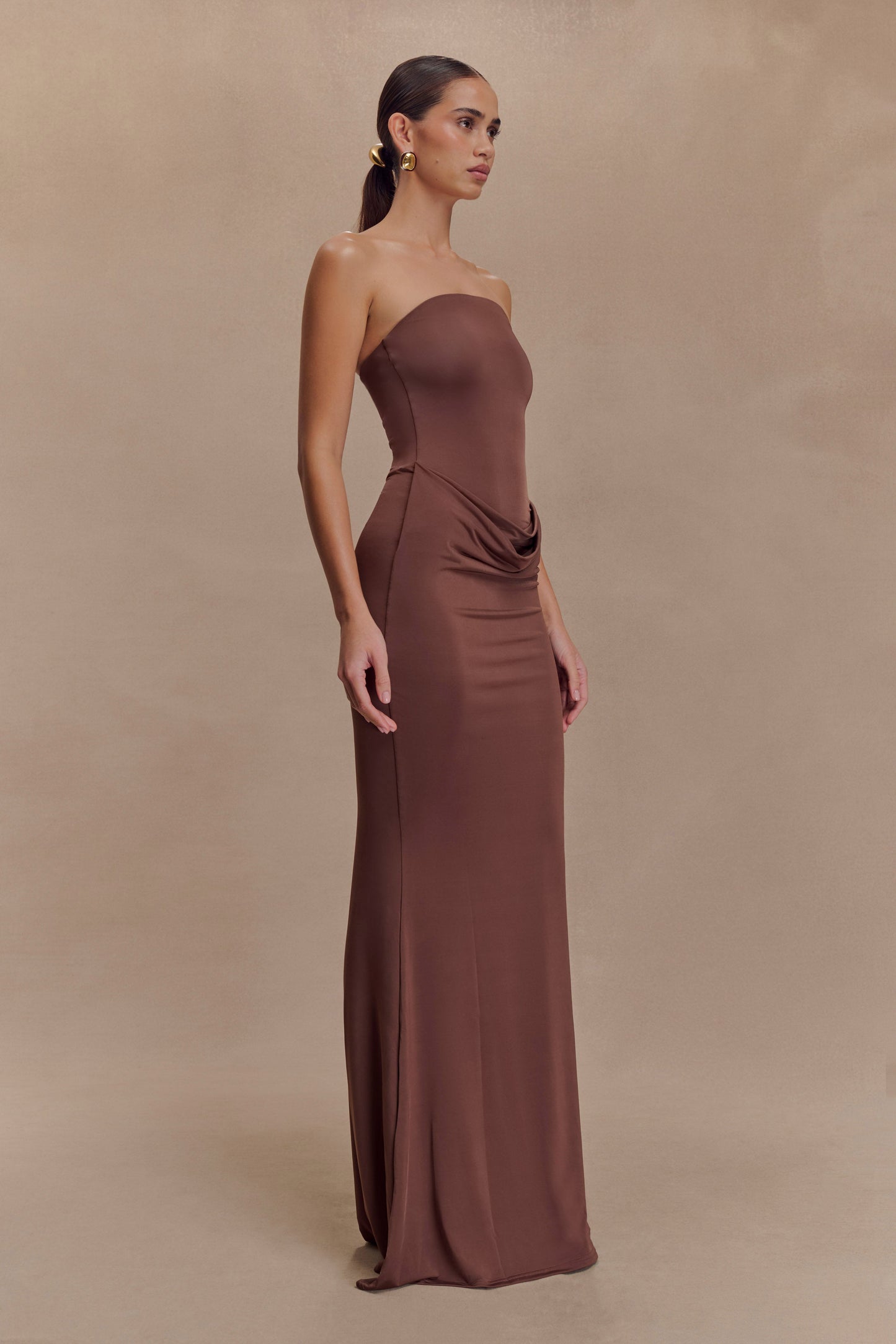Madison Slinky Strapless Maxi Dress in Chocolate Chocolate 5