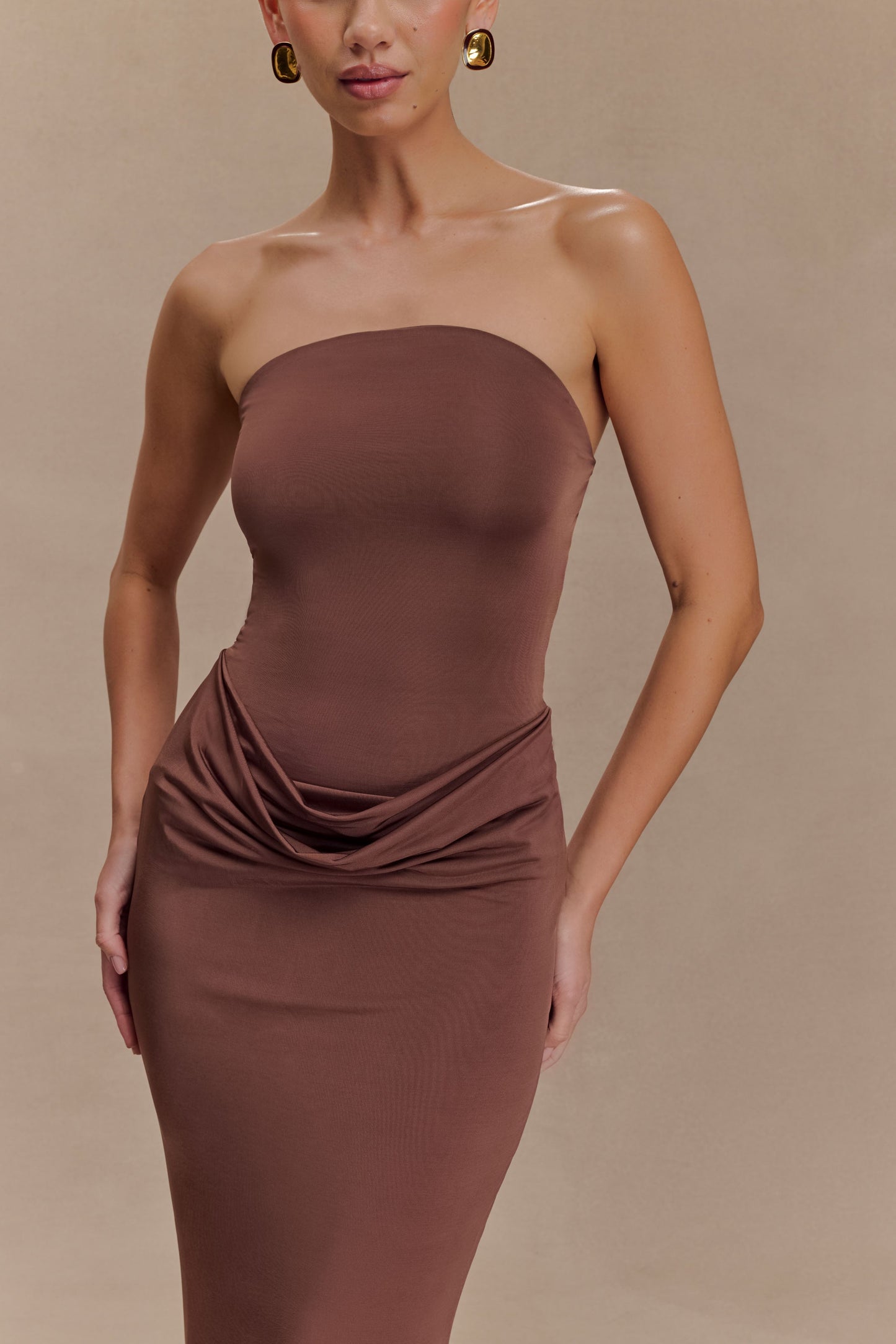 Madison Slinky Strapless Maxi Dress in Chocolate Chocolate 3
