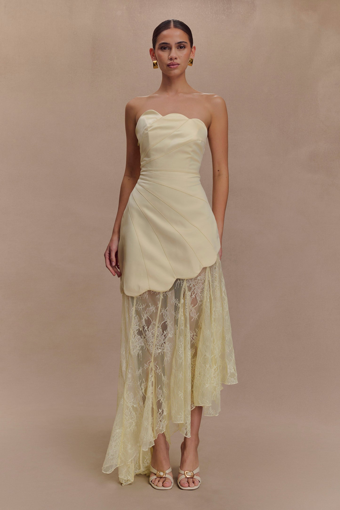 Aleena Satin & Lace Maxi Dress in Lemon Lemon 1
