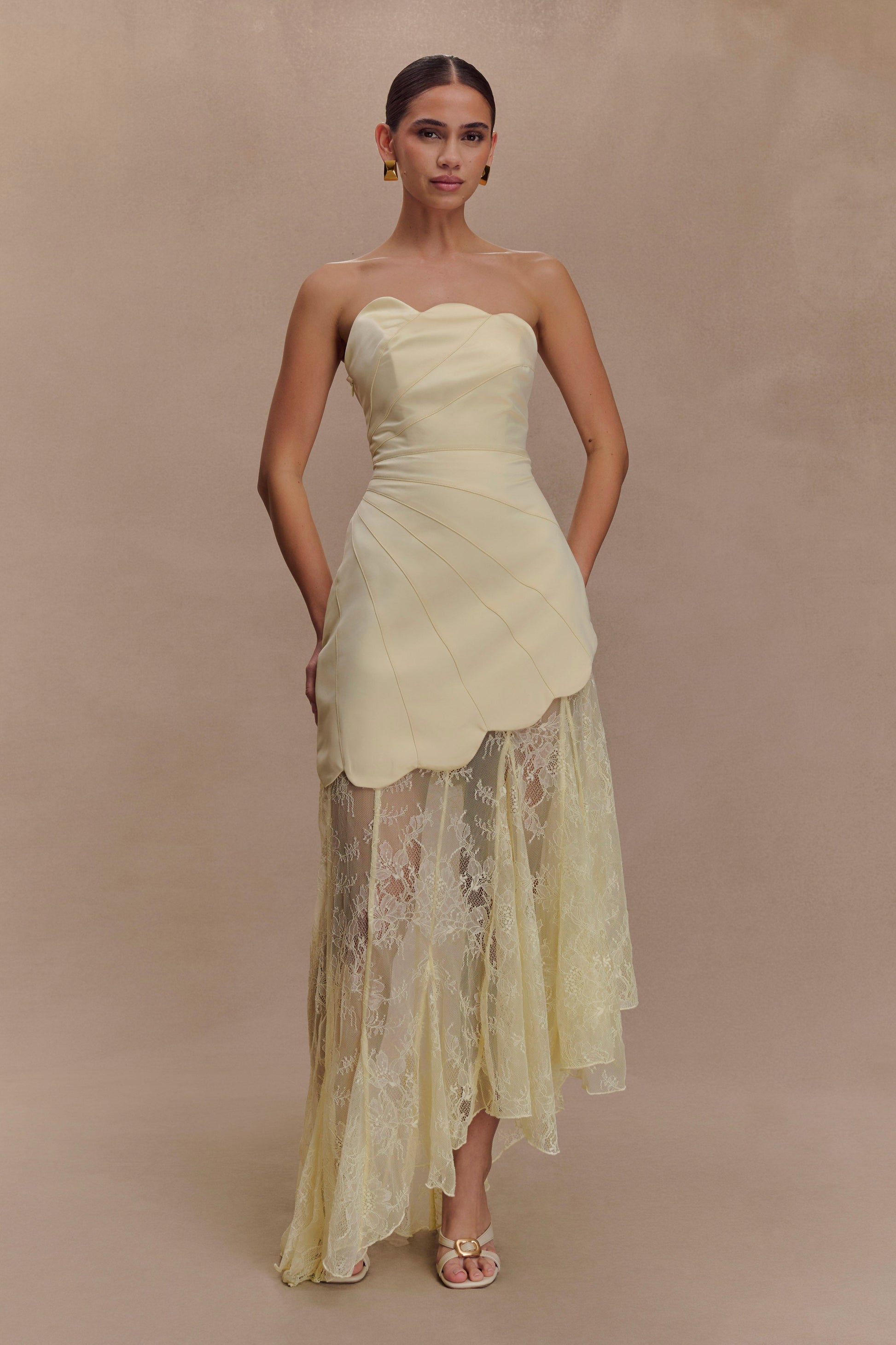 Aleena Satin & Lace Maxi Dress in Lemon Lemon 4