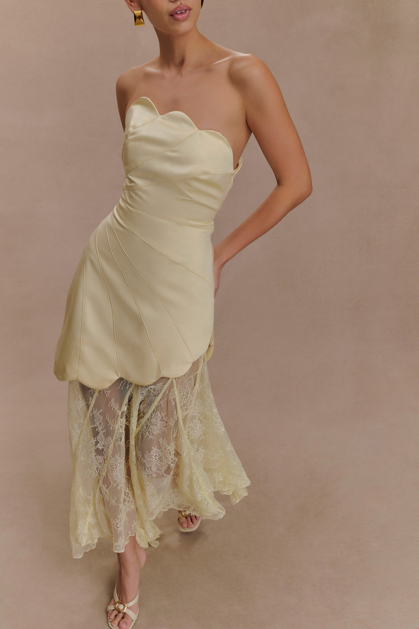 Aleena Satin & Lace Maxi Dress in Lemon Lemon 3