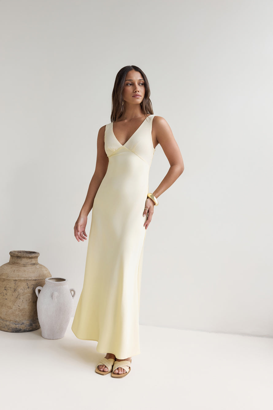 Ophelia Paradise Maxi Dress in Soft Yellow Daydreams Satin Maxi Dress Yellow 2