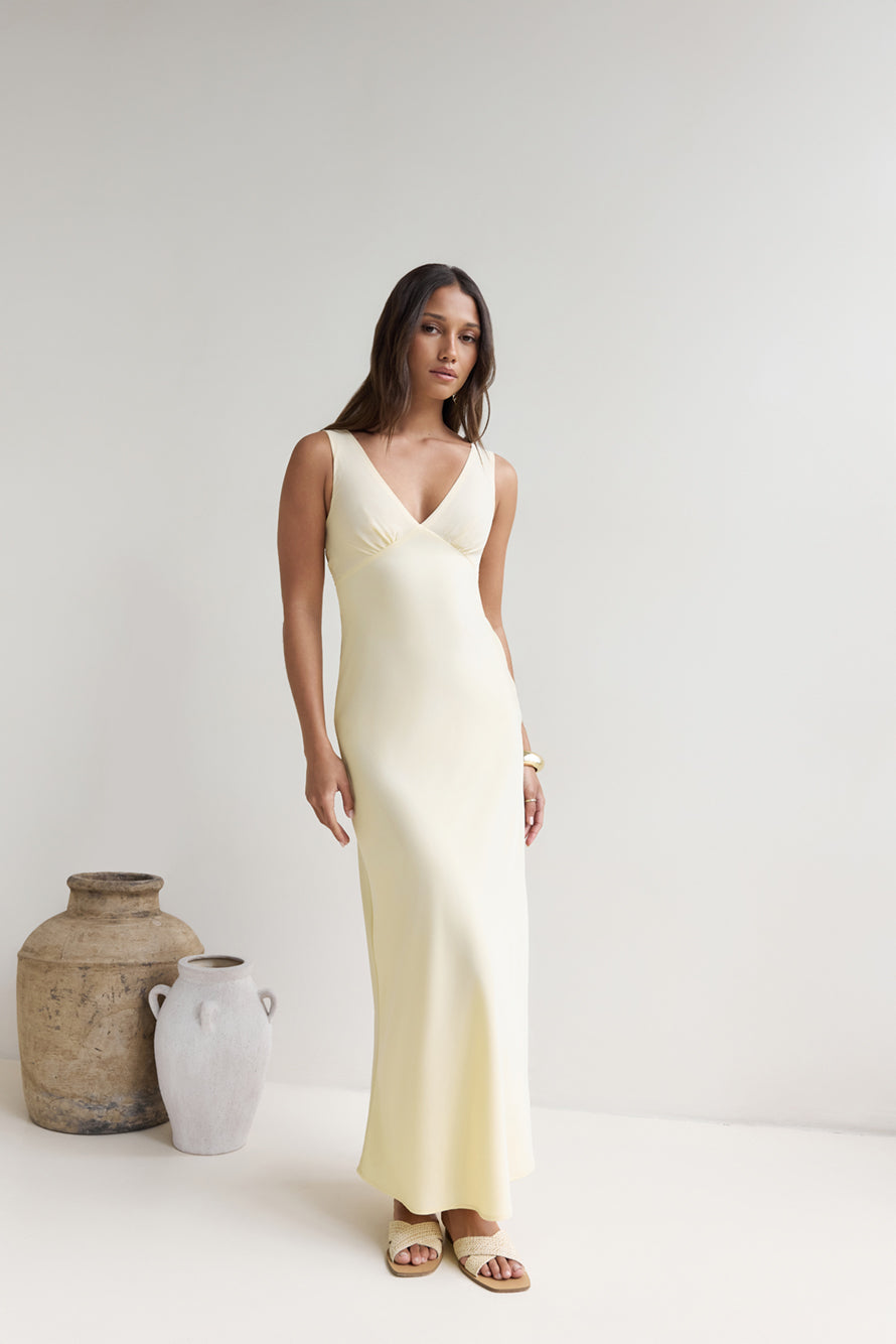 Ophelia Paradise Maxi Dress in Soft Yellow Daydreams Satin Maxi Dress Yellow 5