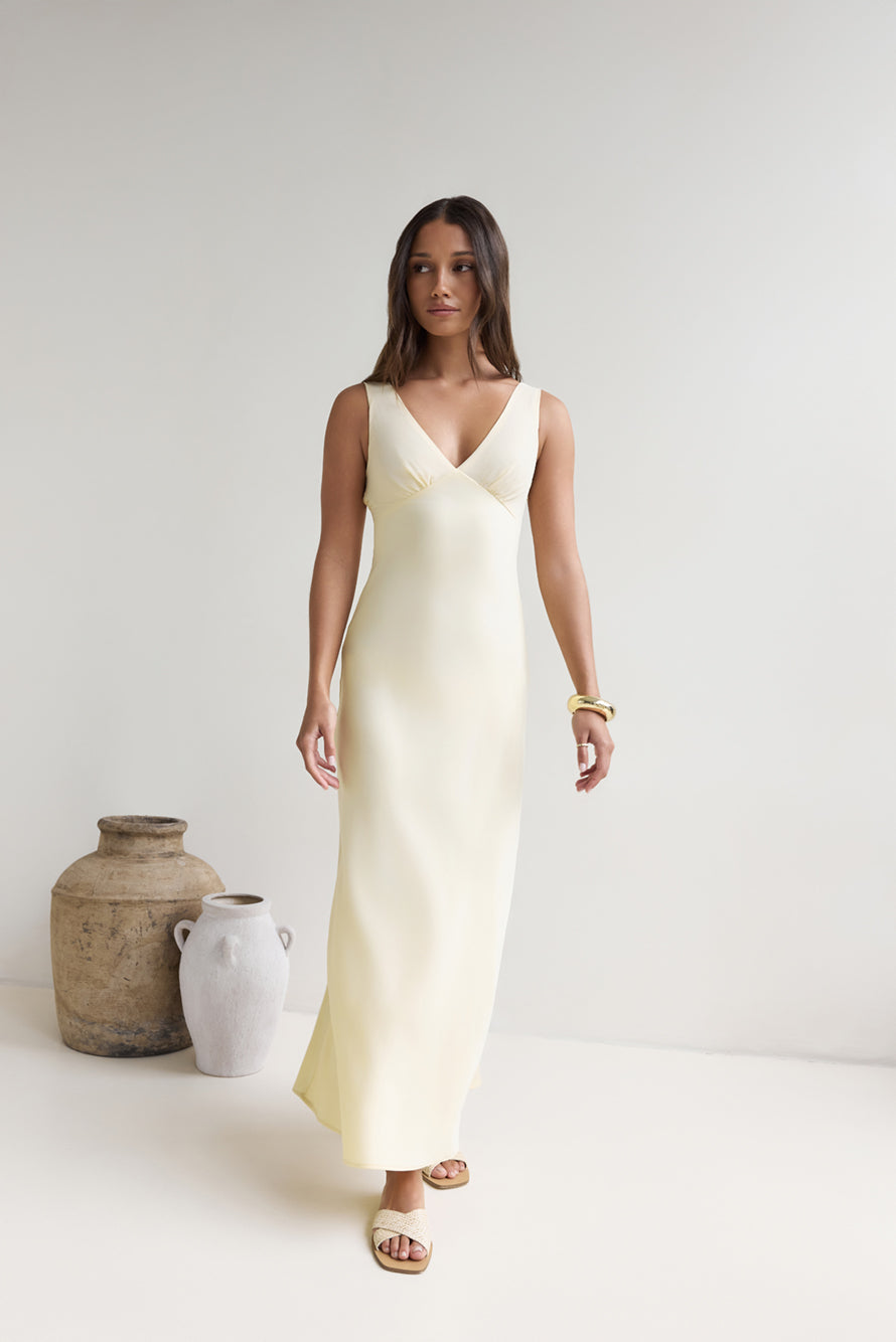 Ophelia Paradise Maxi Dress in Soft Yellow Daydreams Satin Maxi Dress Yellow 6