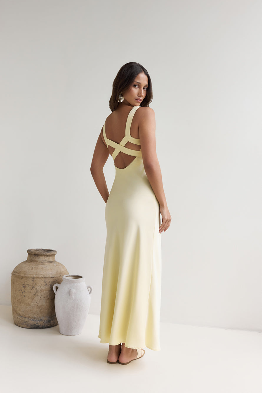 Ophelia Paradise Maxi Dress in Soft Yellow Daydreams Satin Maxi Dress Yellow 1