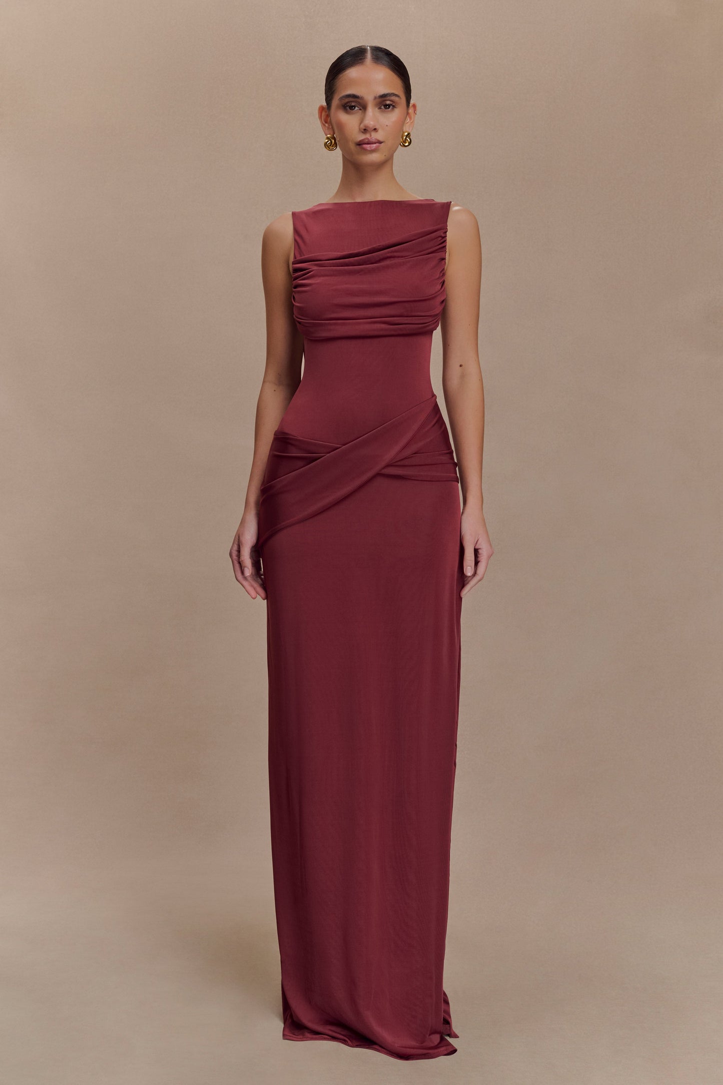 Henley Slinky Drape Maxi Dress Wine 1