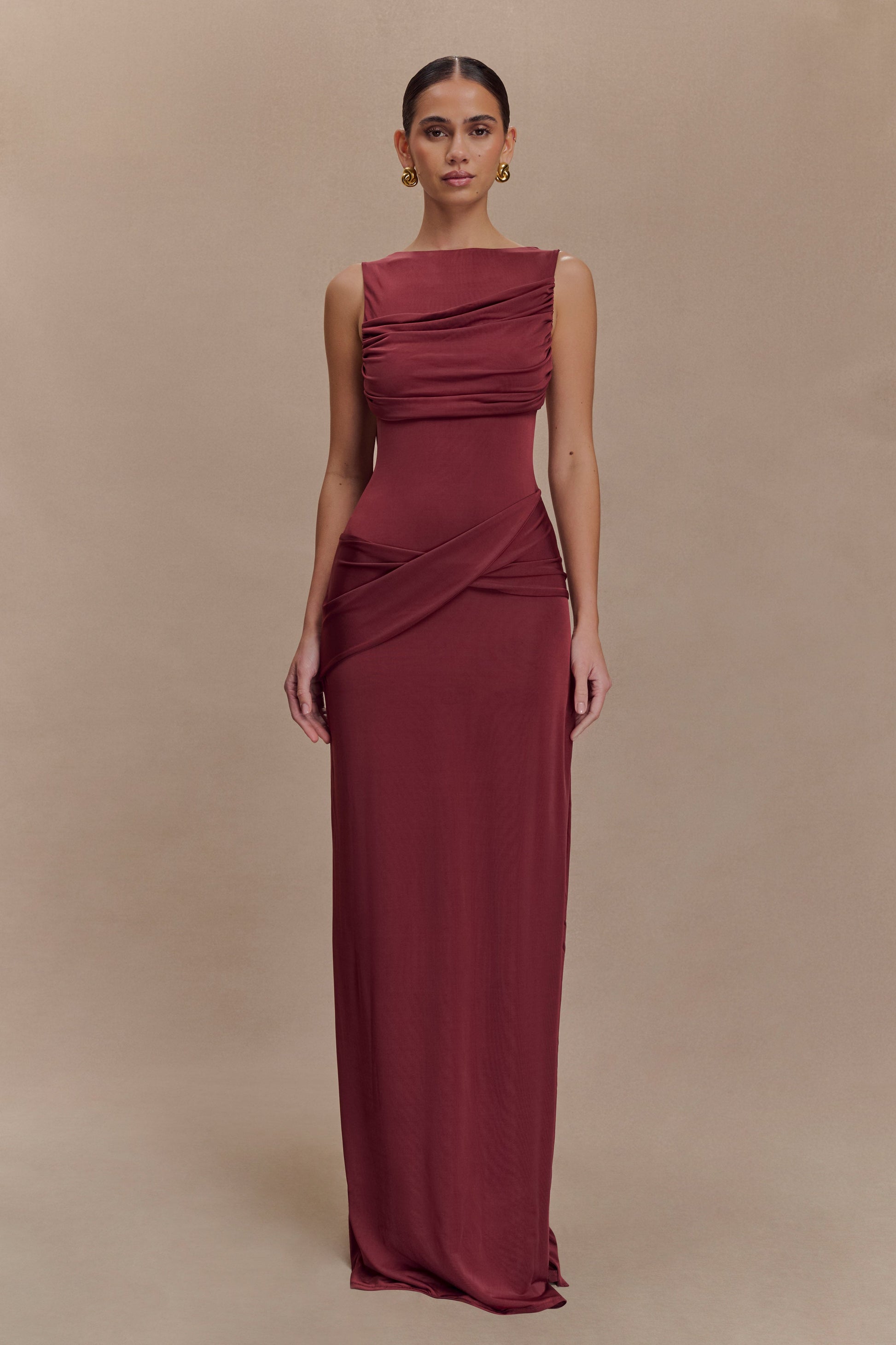 Henley Slinky Drape Maxi Dress Wine 1