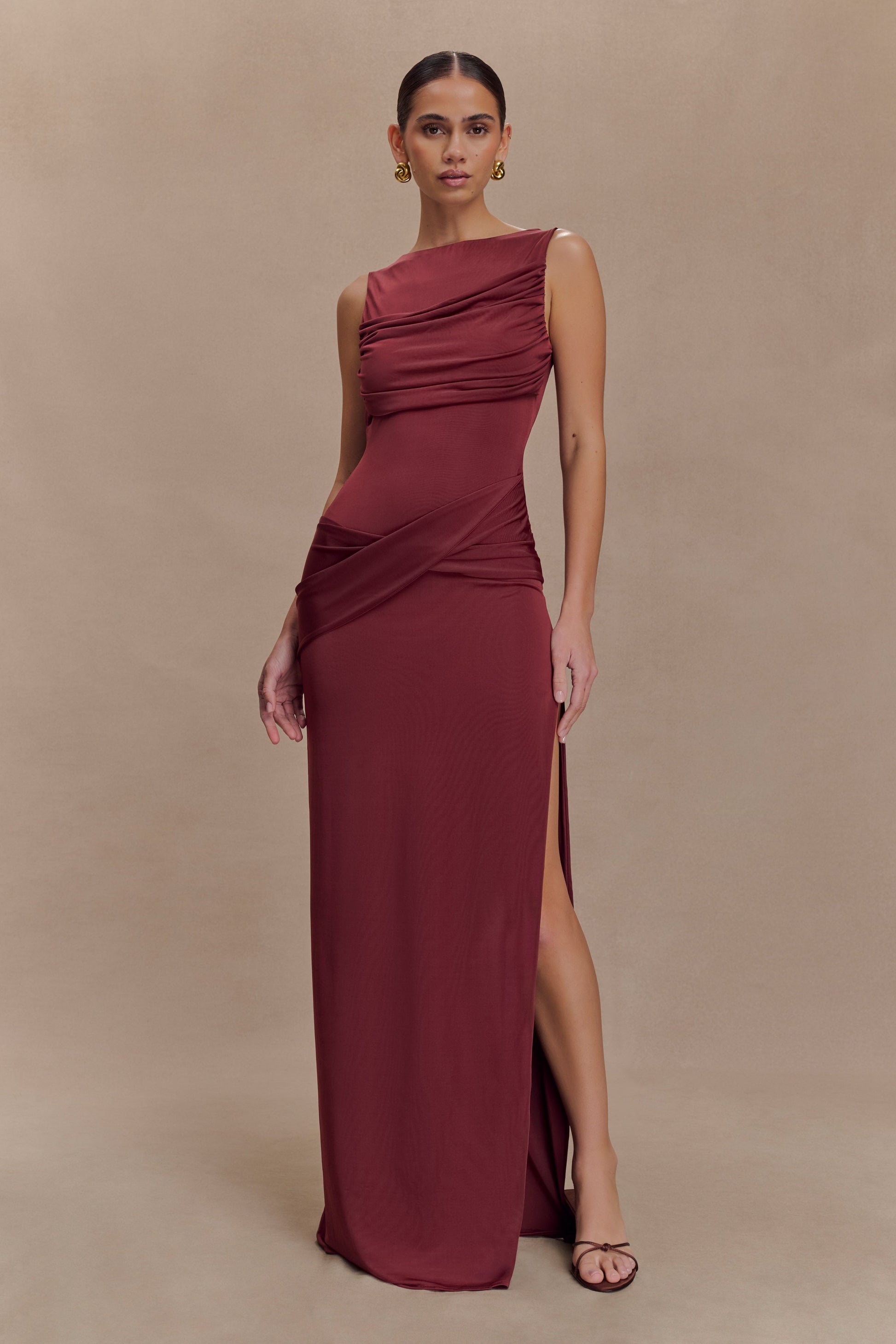 Henley Slinky Drape Maxi Dress Wine 5