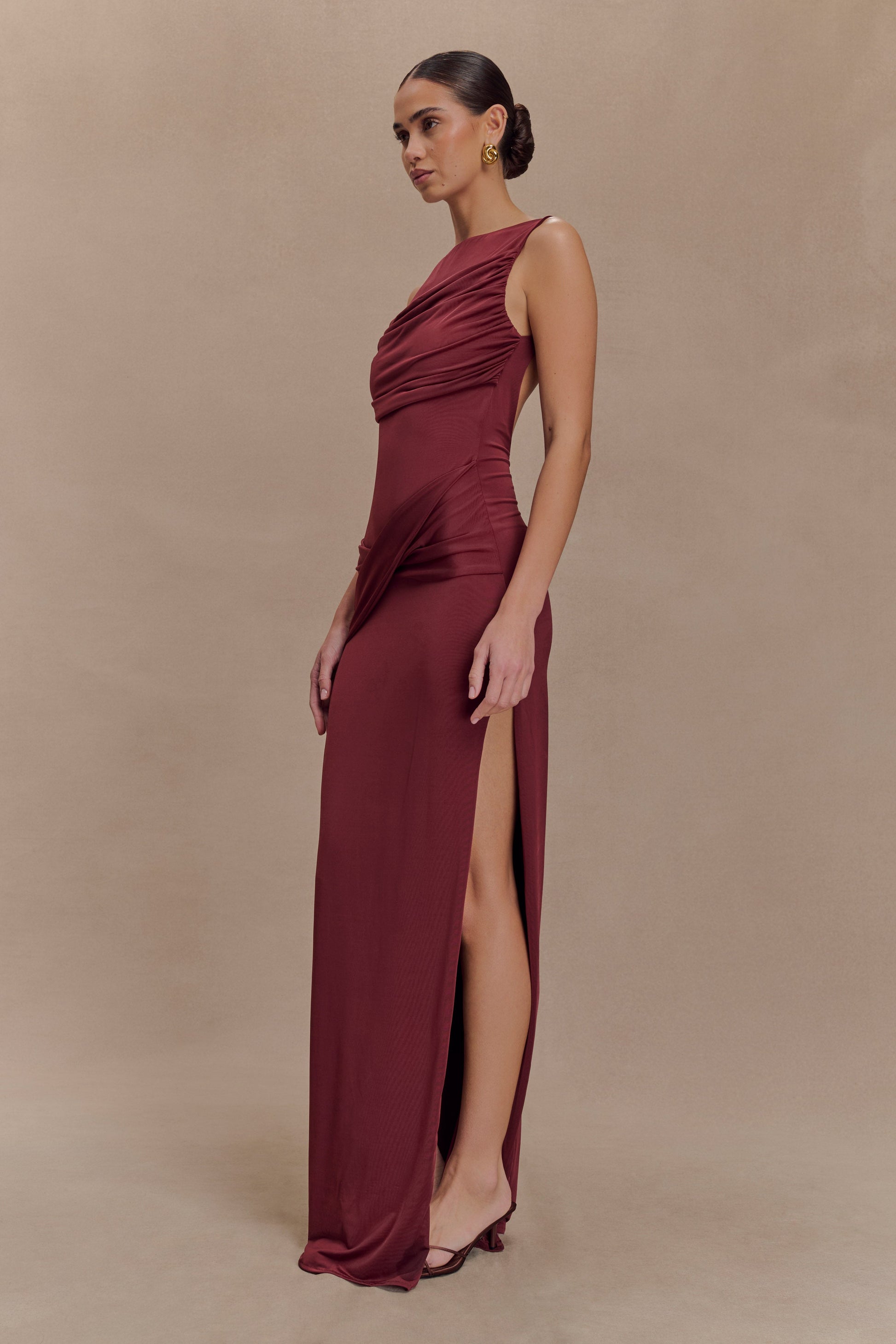Henley Slinky Drape Maxi Dress Wine 4