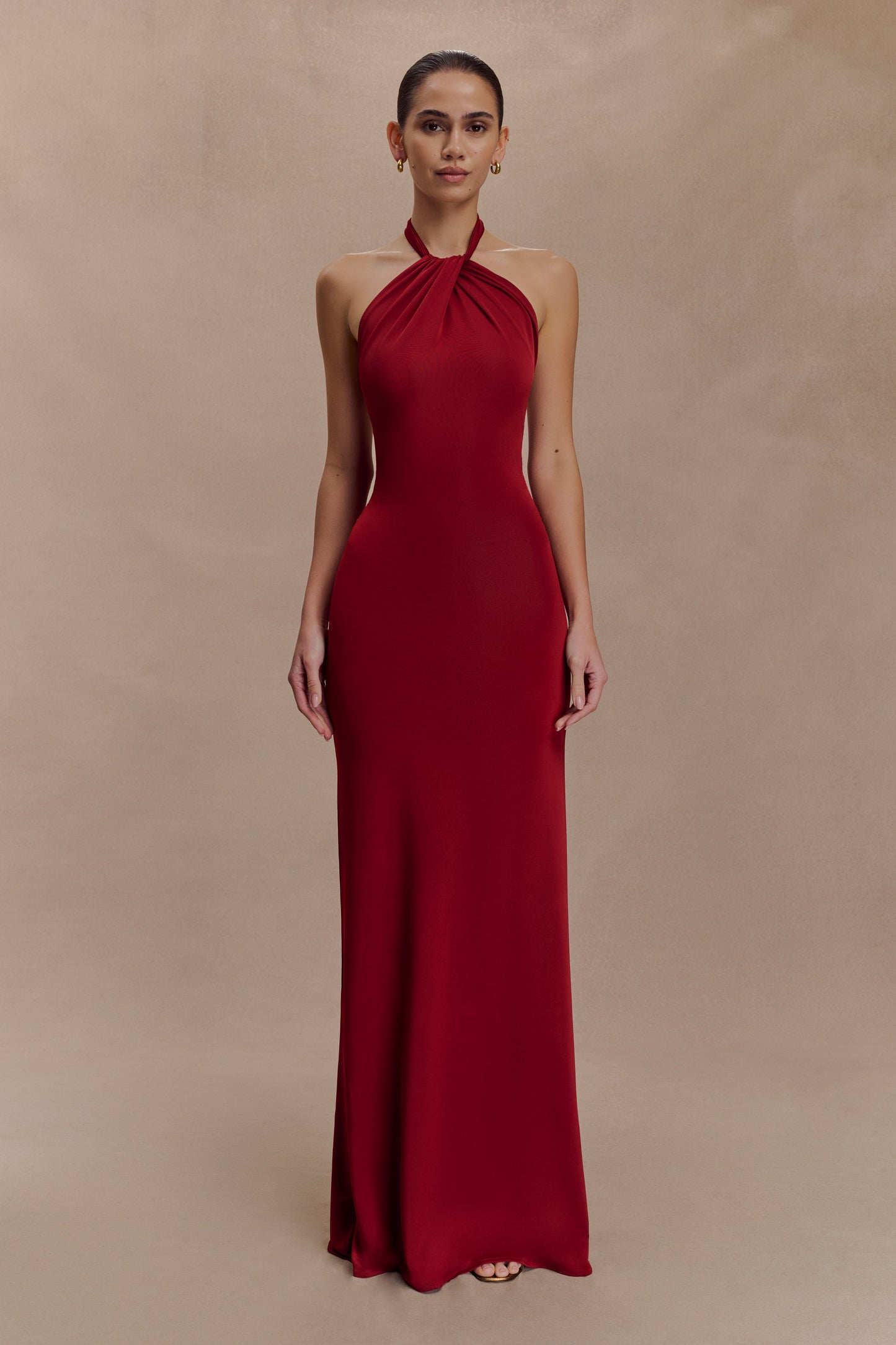 Elyna Slinky Halter Maxi Dress Deep Red 1