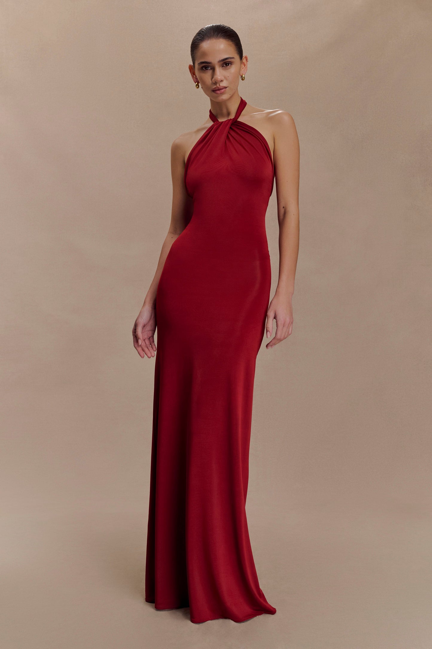Elyna Slinky Halter Maxi Dress Deep Red 4
