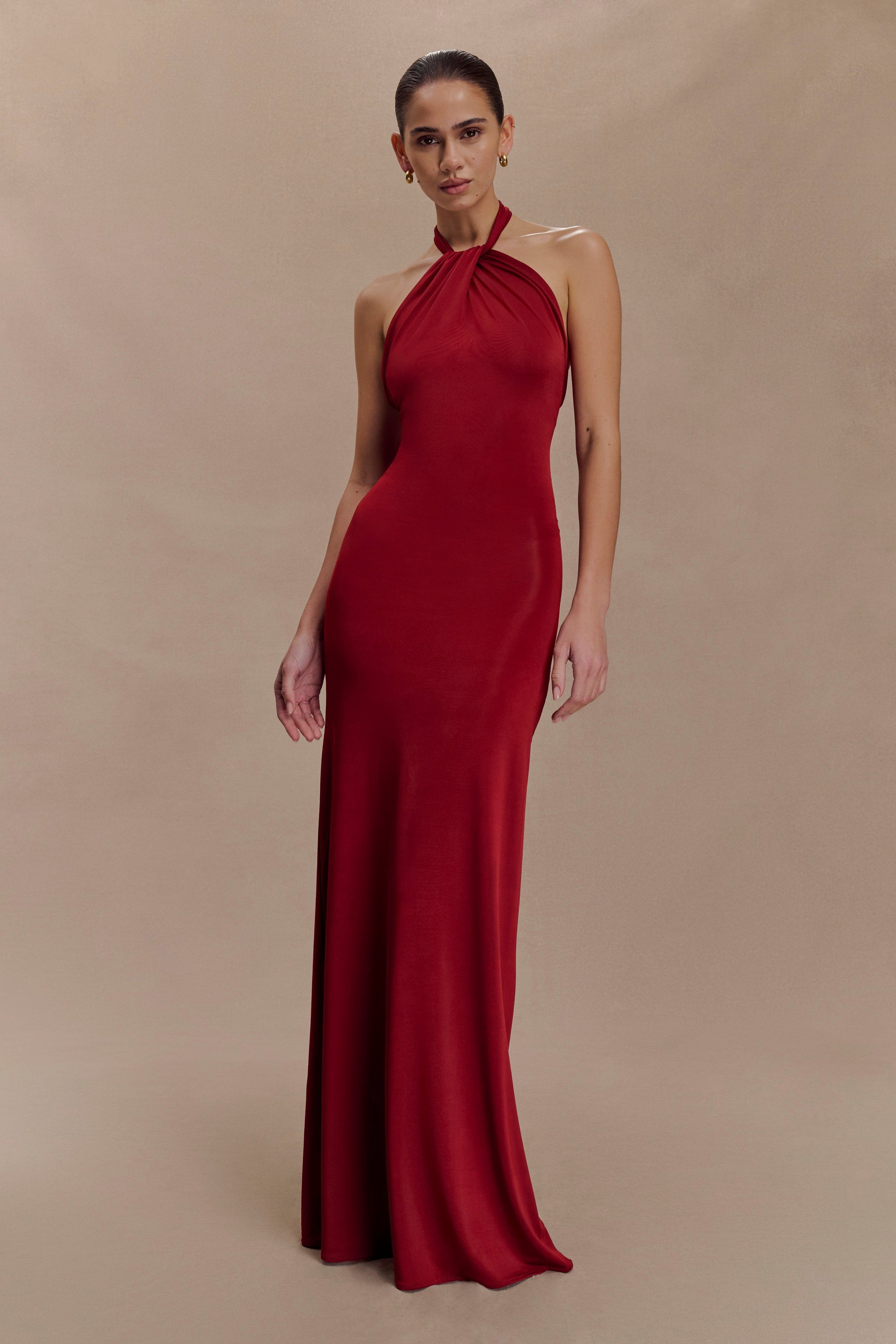 Elyna Slinky Halter Maxi Dress Deep Red 4