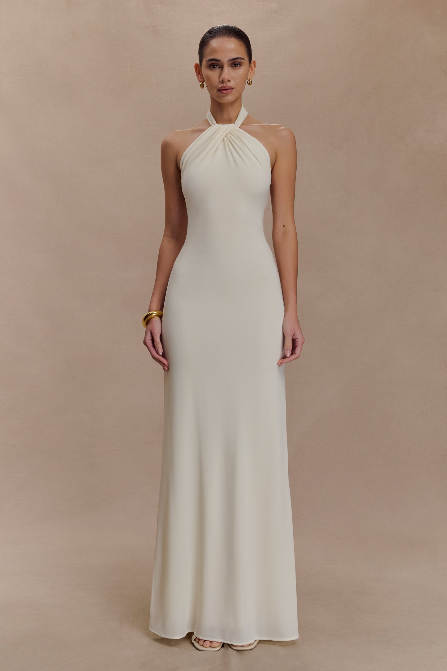 Elyna Slinky Halter Maxi Dress Ivory 1