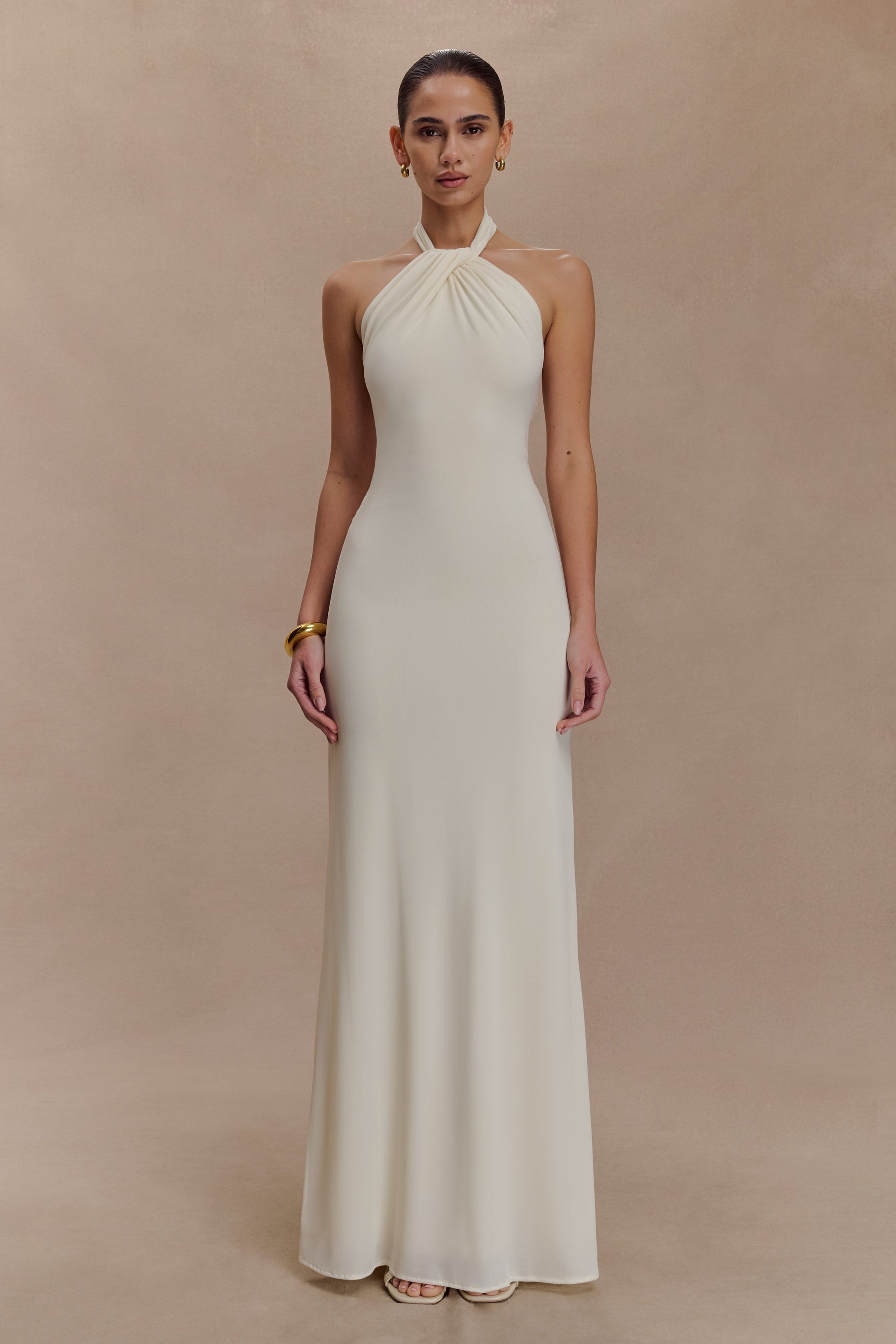 Elyna Slinky Halter Maxi Dress Ivory 1