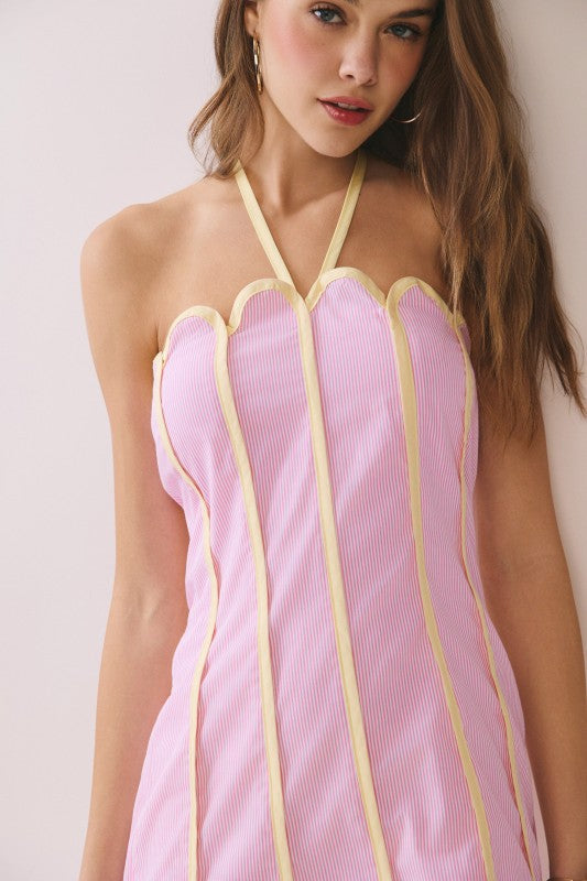 Lenny Scalloped Linen Halter Mini Dress Pink 6