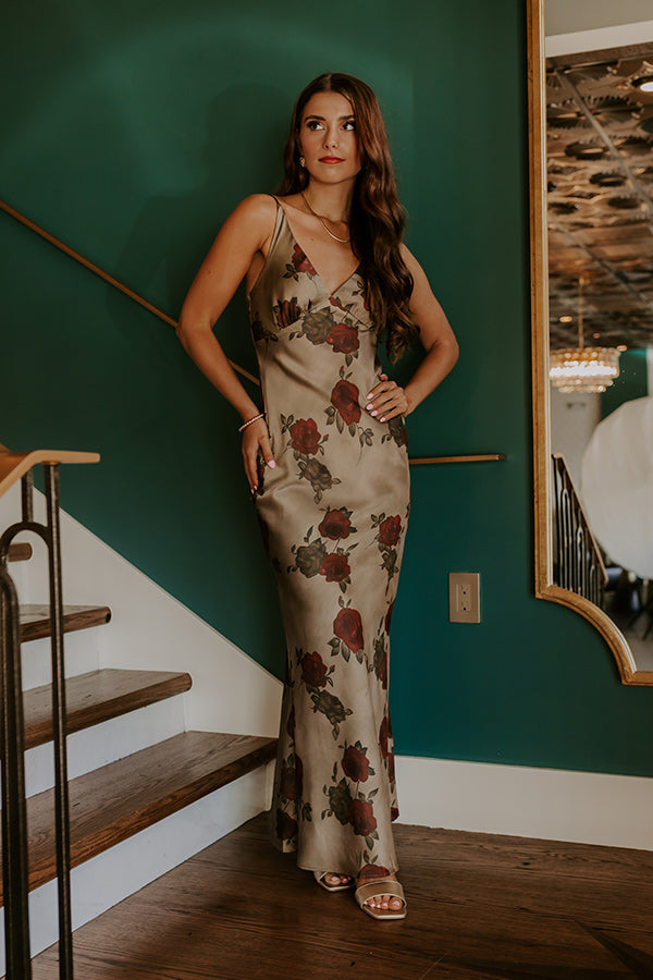 Ophelia Satin Floral Maxi Dress Martini Olive 1
