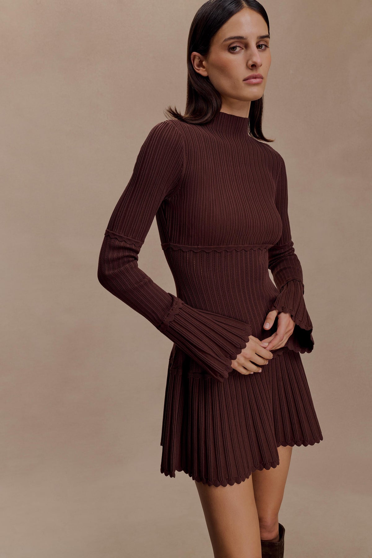 Adena Pointelle Knit Mini Dress Chocolate 4