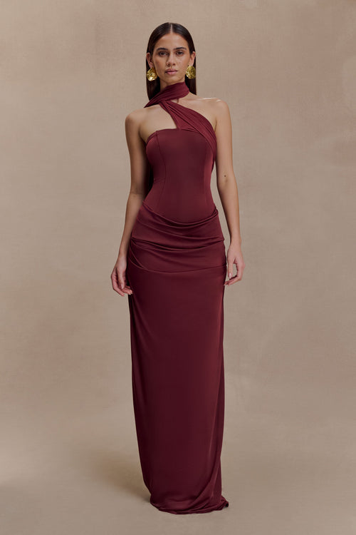Mattea Slinky Mesh Maxi Dress with Scarf Burgundy 1