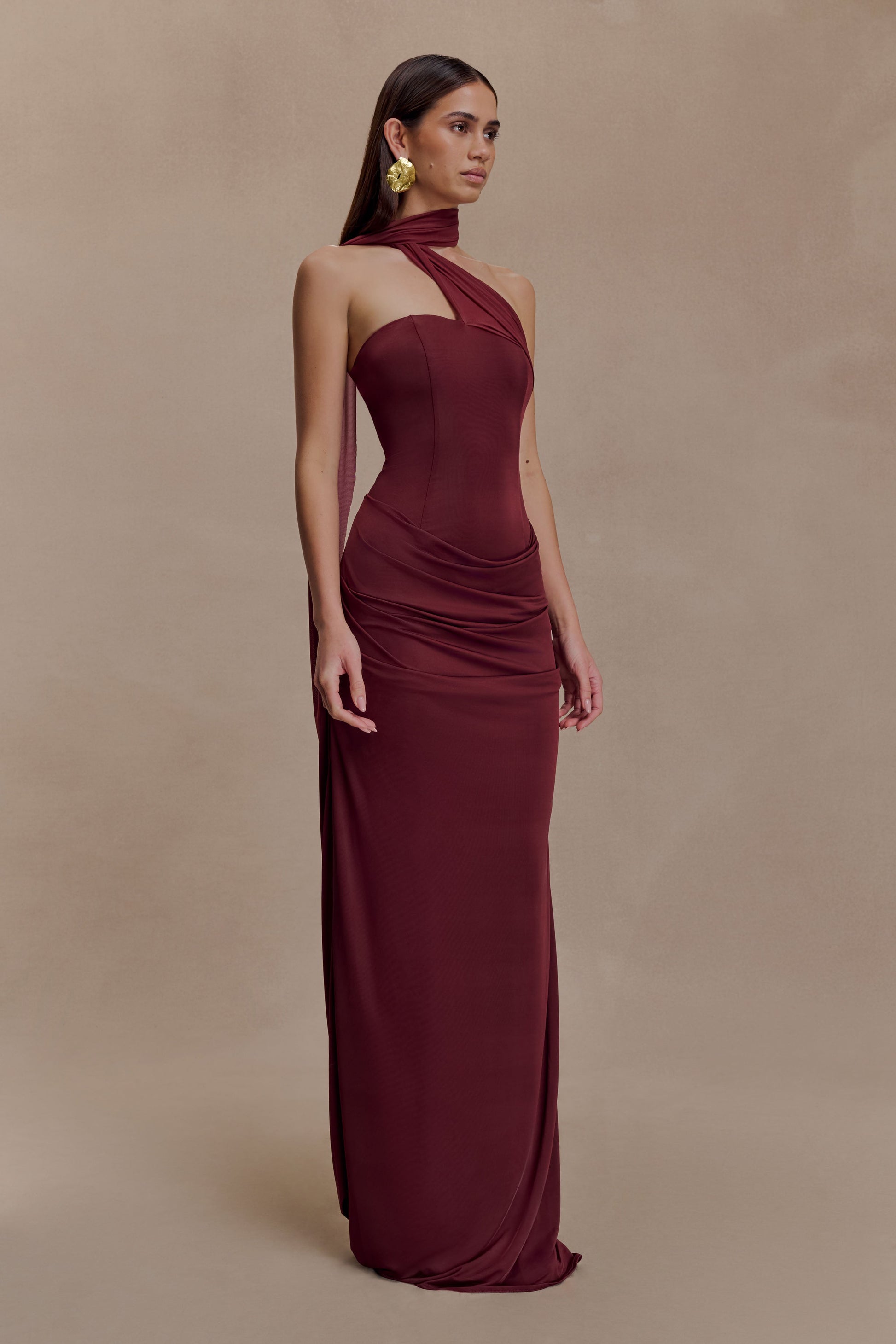 Mattea Slinky Mesh Maxi Dress with Scarf Burgundy 3