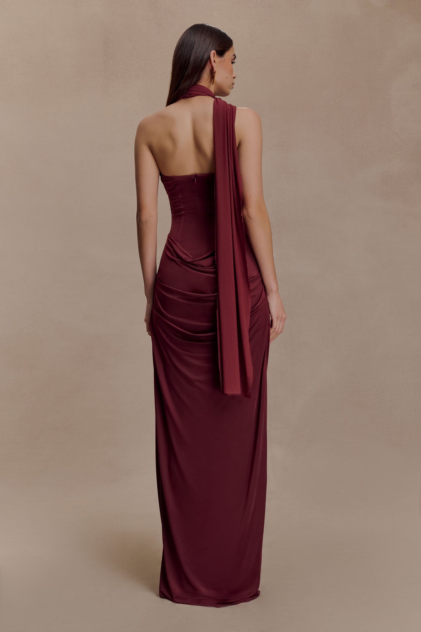 Mattea Slinky Mesh Maxi Dress with Scarf Burgundy 2