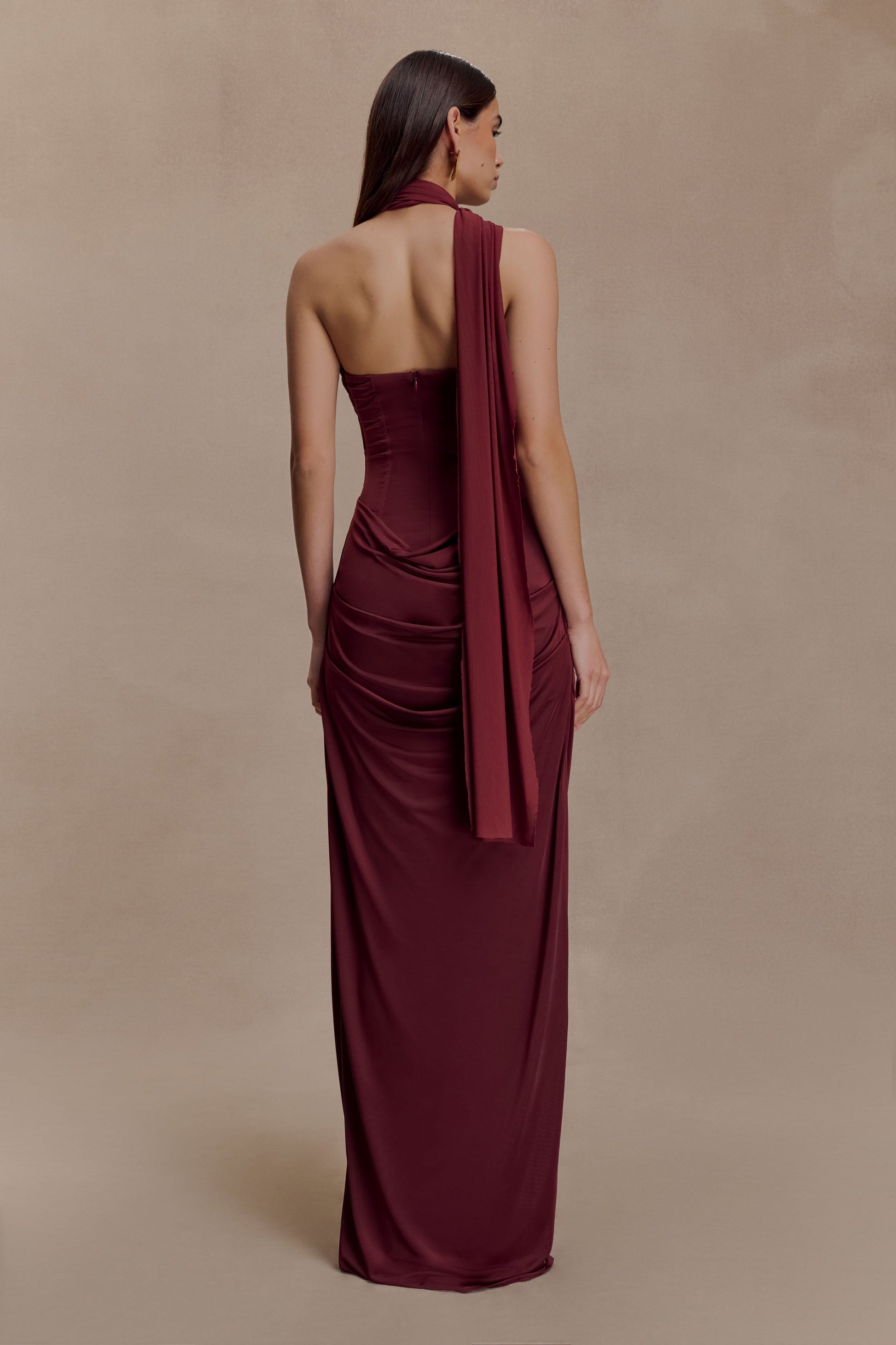 Mattea Slinky Mesh Maxi Dress with Scarf Burgundy 2
