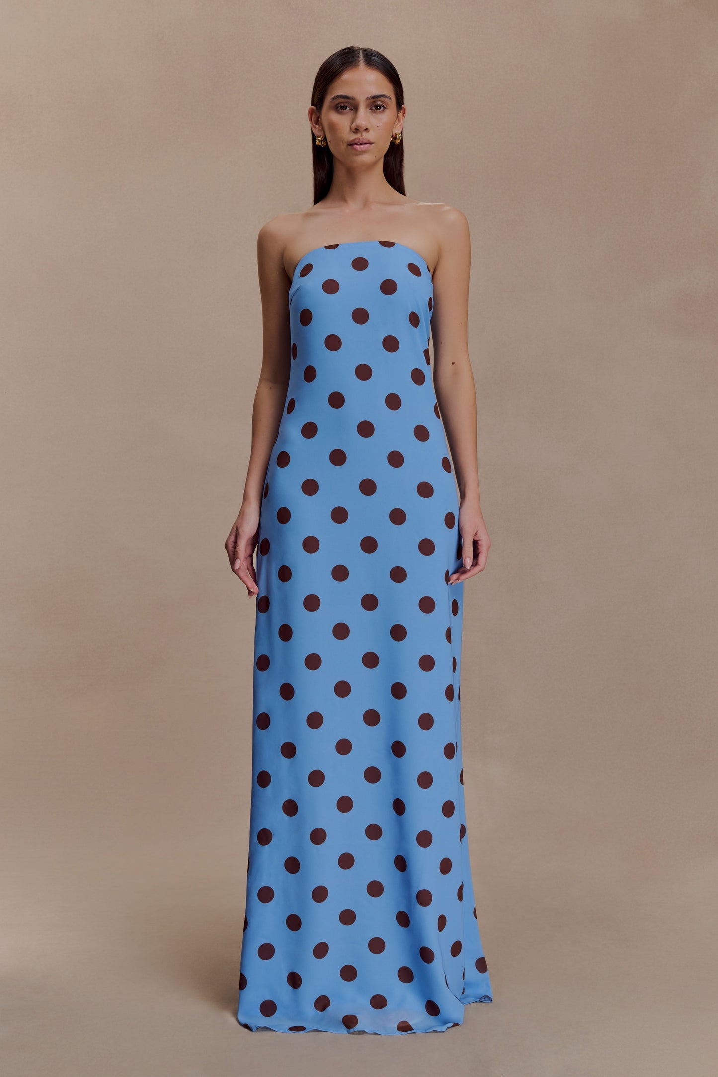 Amaya Strapless Chiffon Maxi Dress Blue Polka Dot 1