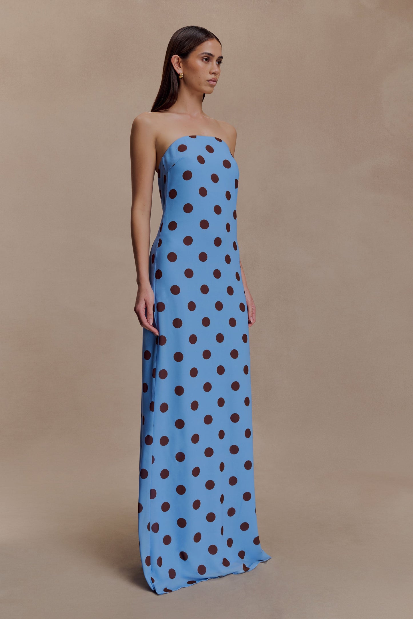 Amaya Strapless Chiffon Maxi Dress Blue Polka Dot 3