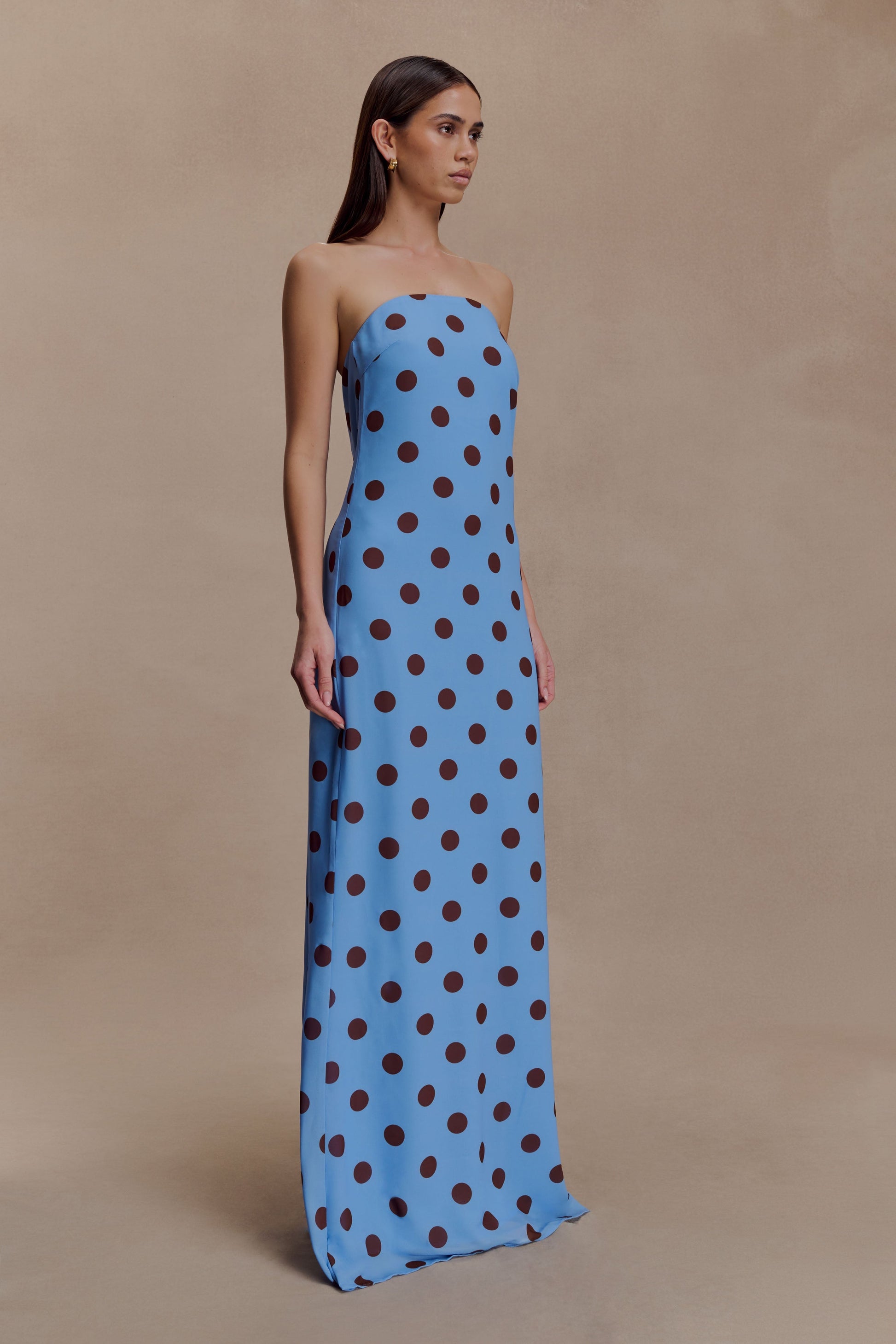 Amaya Strapless Chiffon Maxi Dress Blue Polka Dot 3