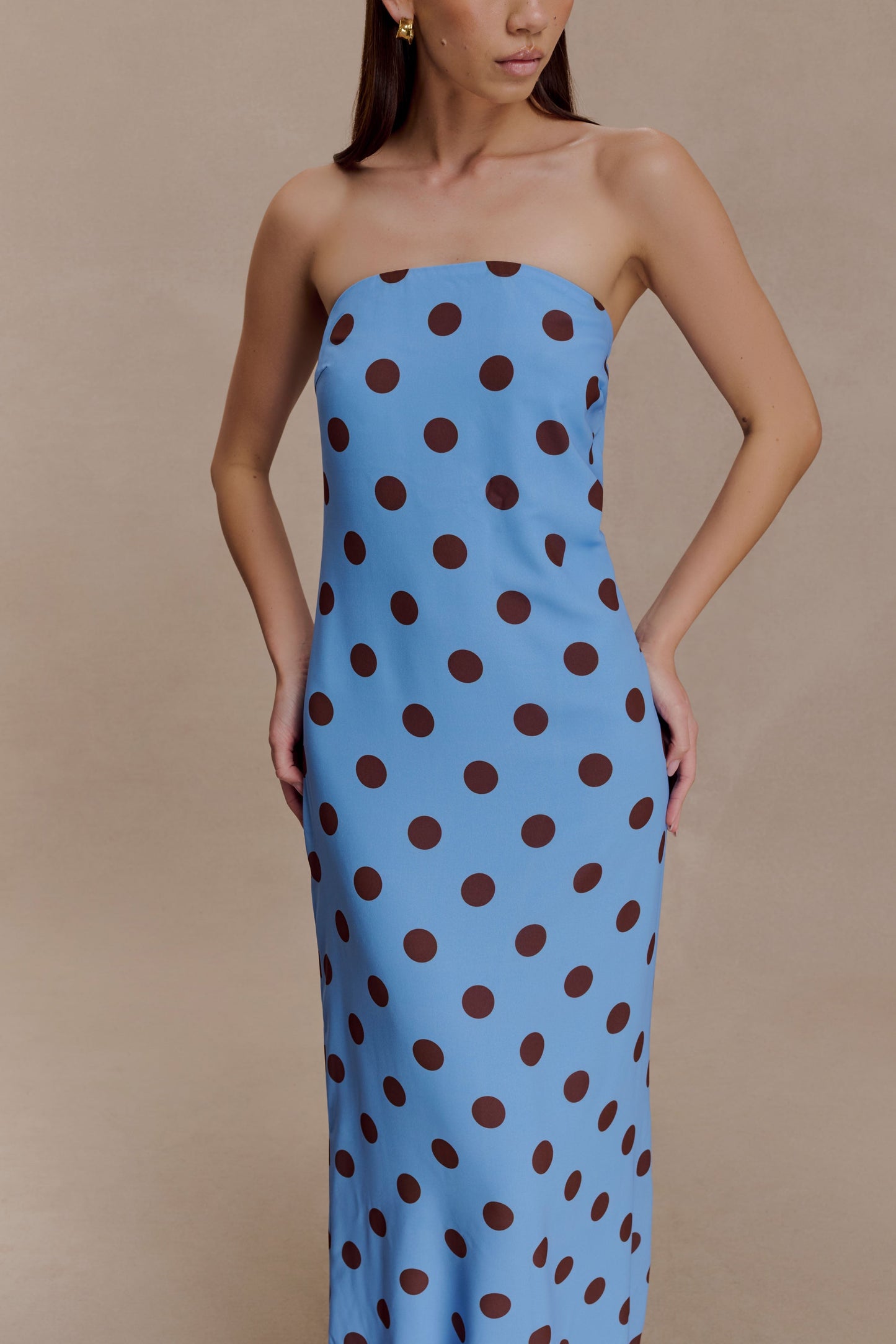 Amaya Strapless Chiffon Maxi Dress Blue Polka Dot 4