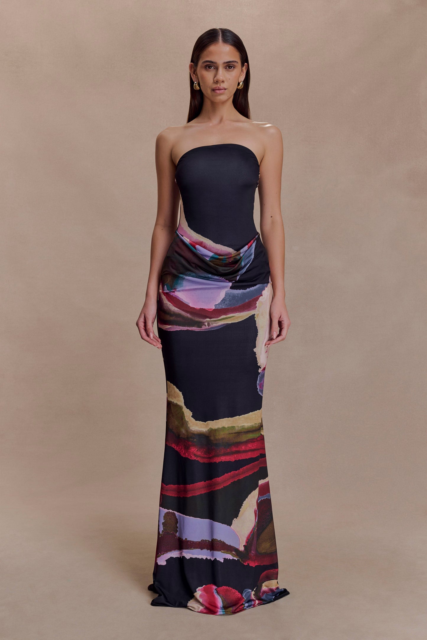 Madison Slinky Strapless Maxi Dress in Chocolate Multi Fluid Reverie Print 1