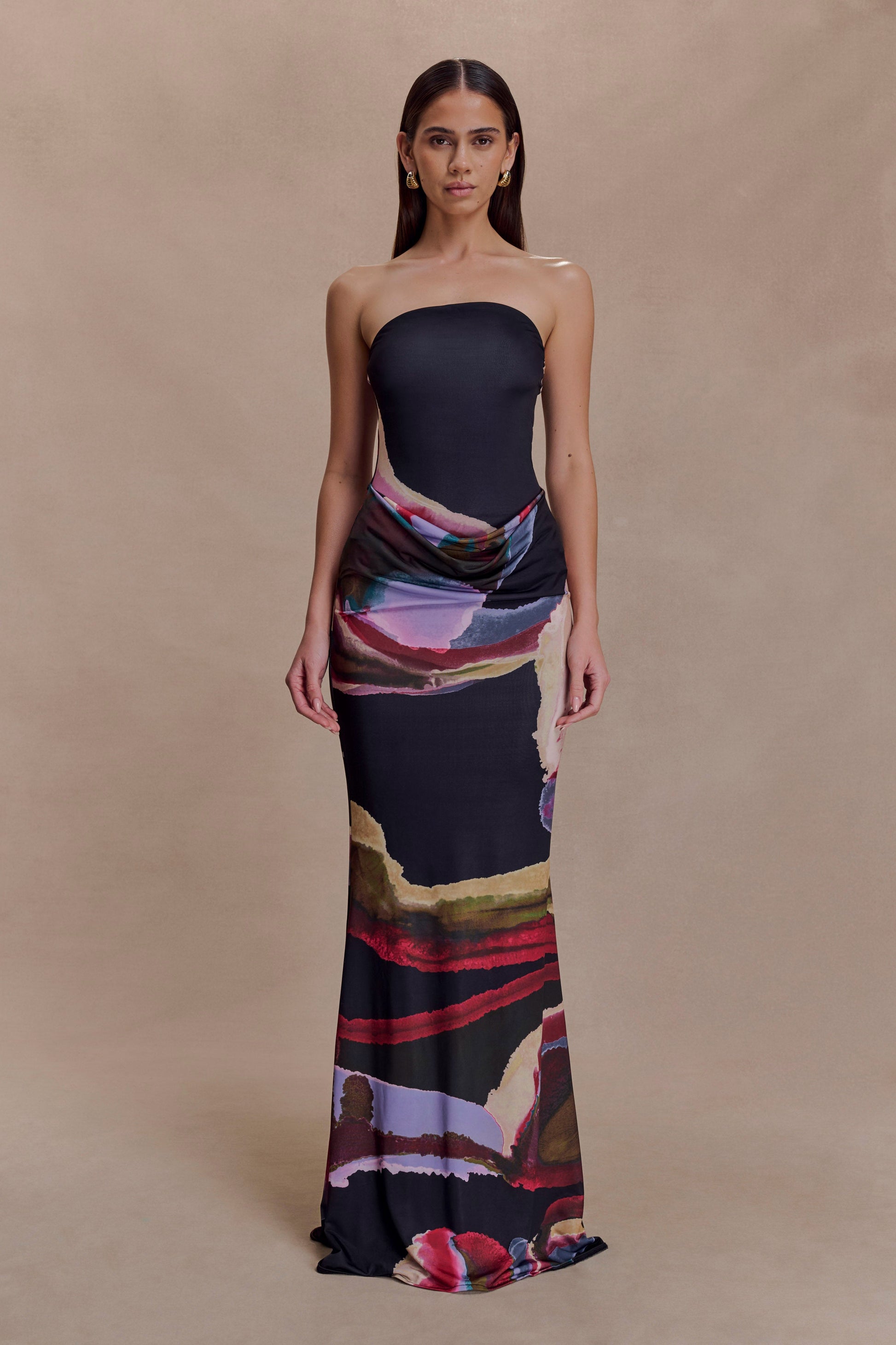 Madison Slinky Strapless Maxi Dress in Chocolate Multi Fluid Reverie Print 1