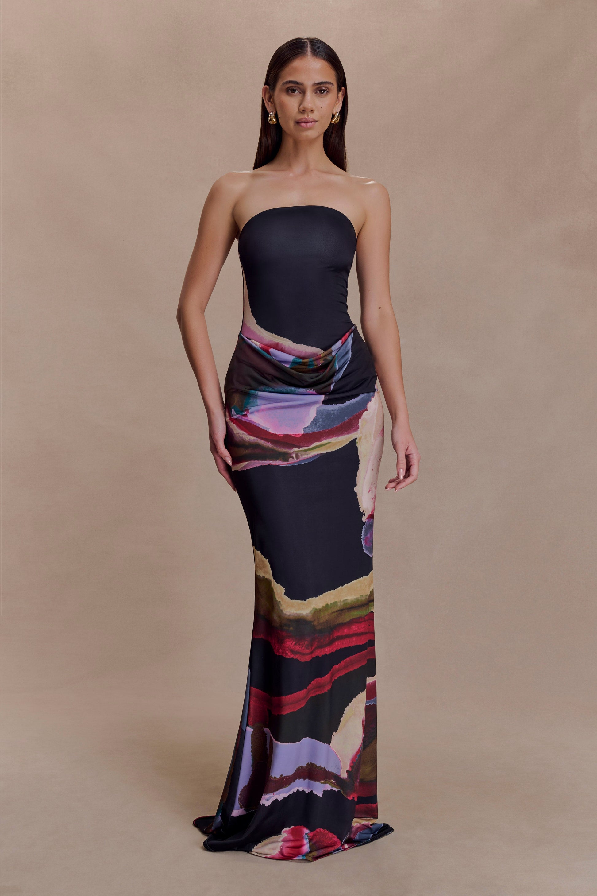 Madison Slinky Strapless Maxi Dress in Chocolate Multi Fluid Reverie Print 5