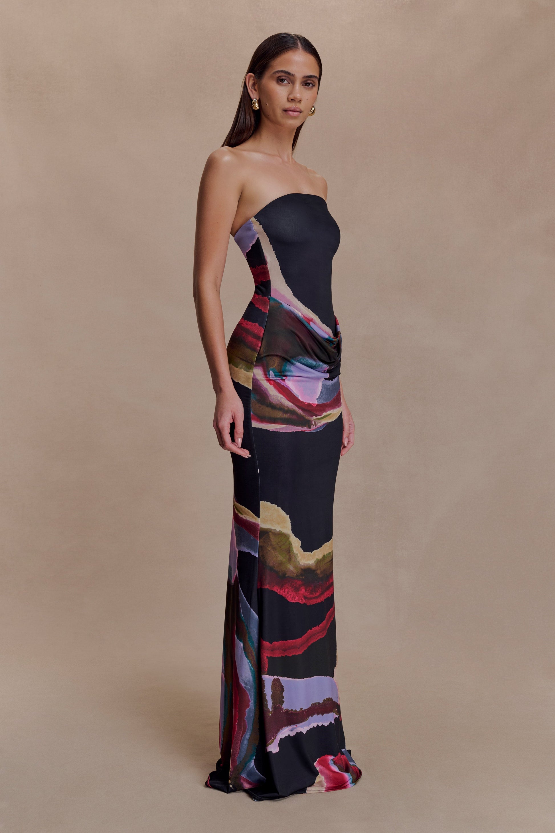 Madison Slinky Strapless Maxi Dress in Chocolate Multi Fluid Reverie Print 4