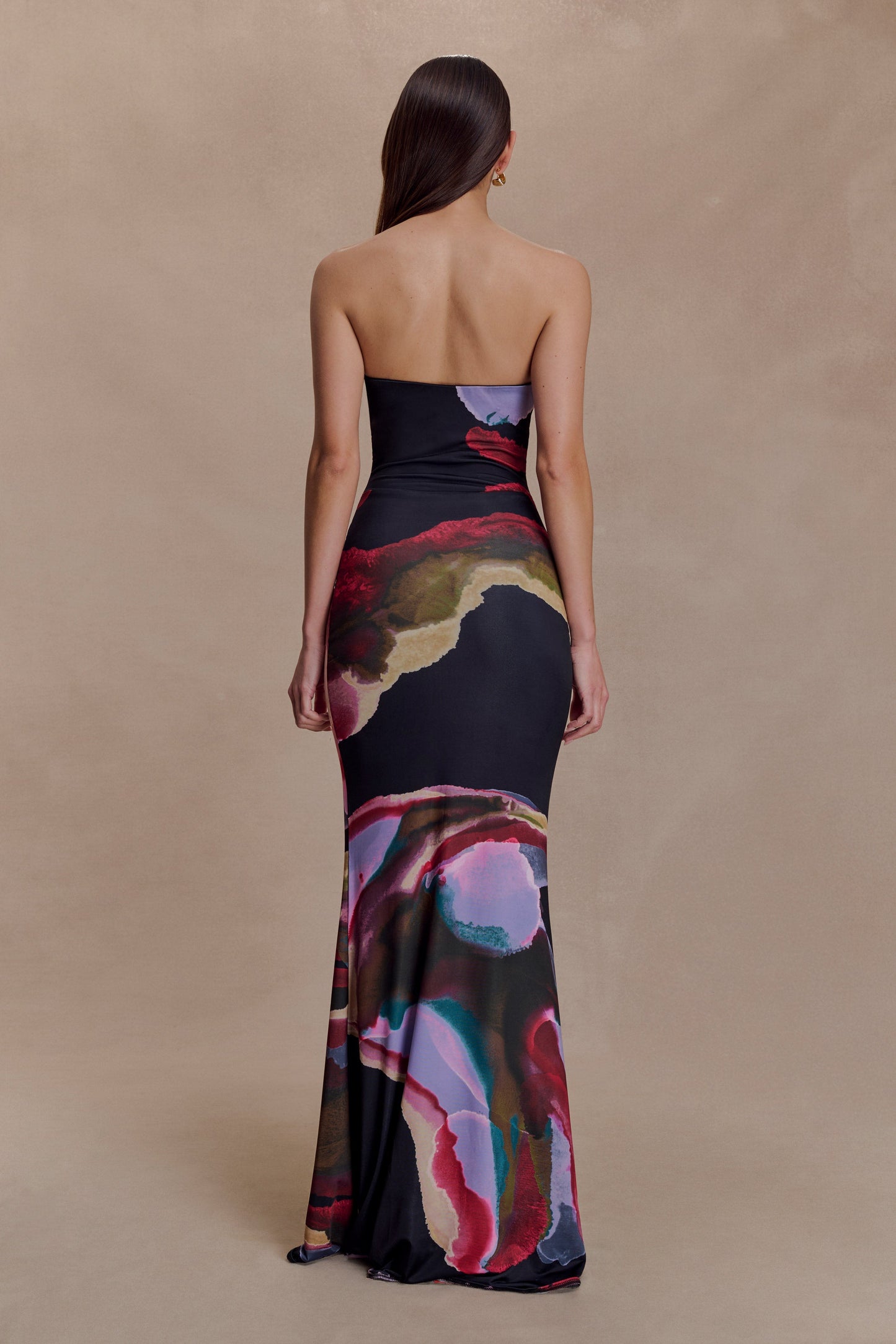 Madison Slinky Strapless Maxi Dress in Chocolate Multi Fluid Reverie Print 2