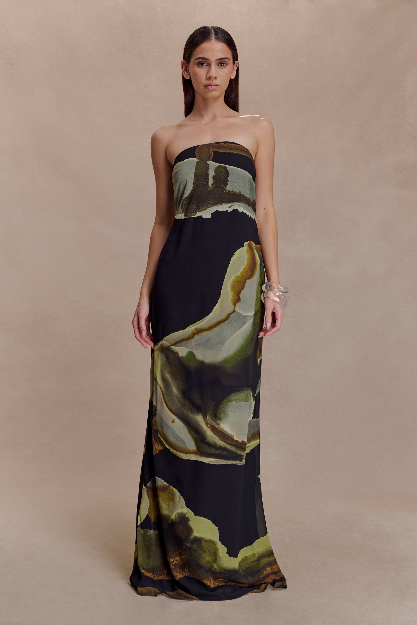Amaya Strapless Chiffon Maxi Dress Green Fluid Reverie Print 1
