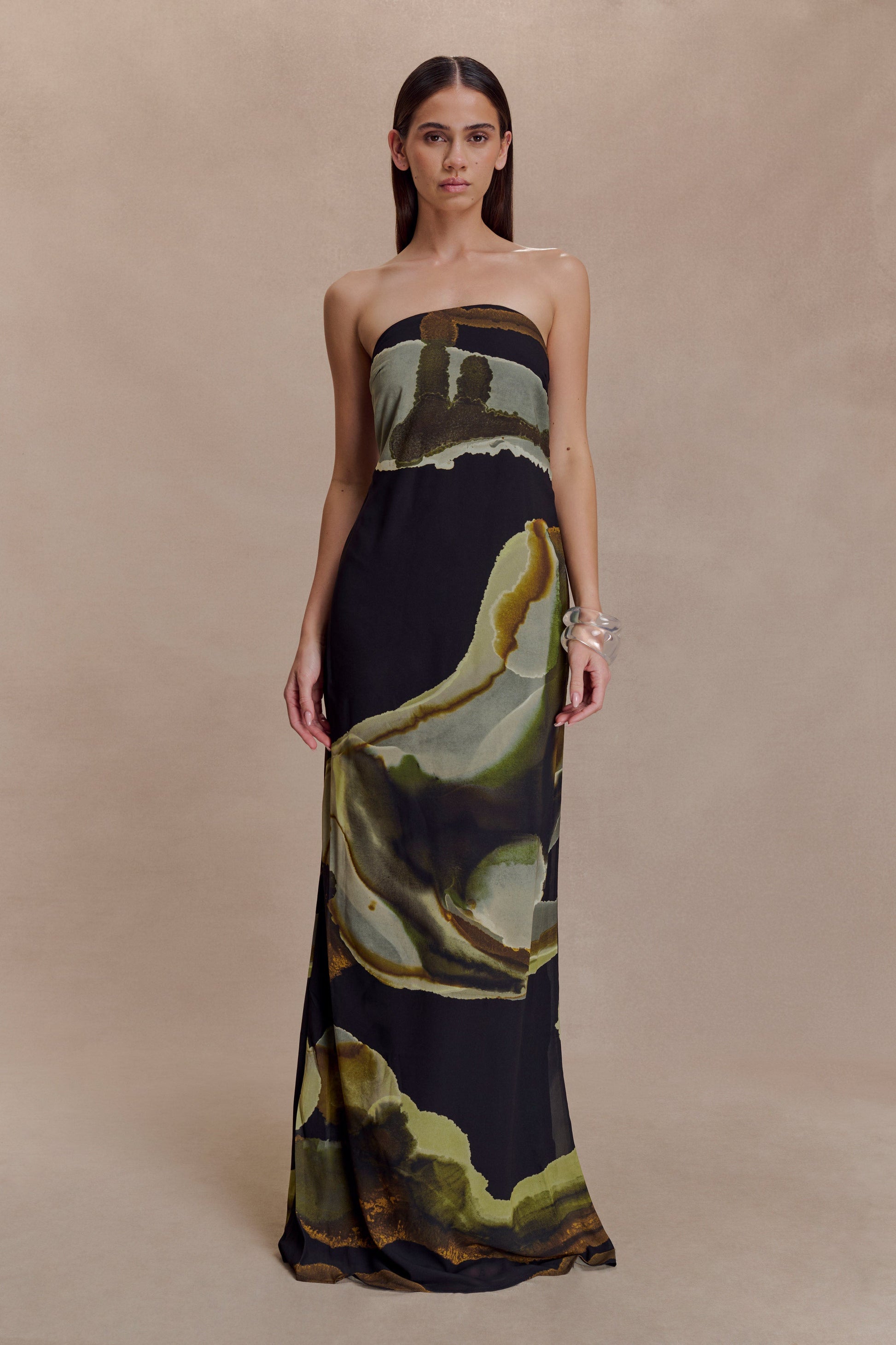 Amaya Strapless Chiffon Maxi Dress Green Fluid Reverie Print 1