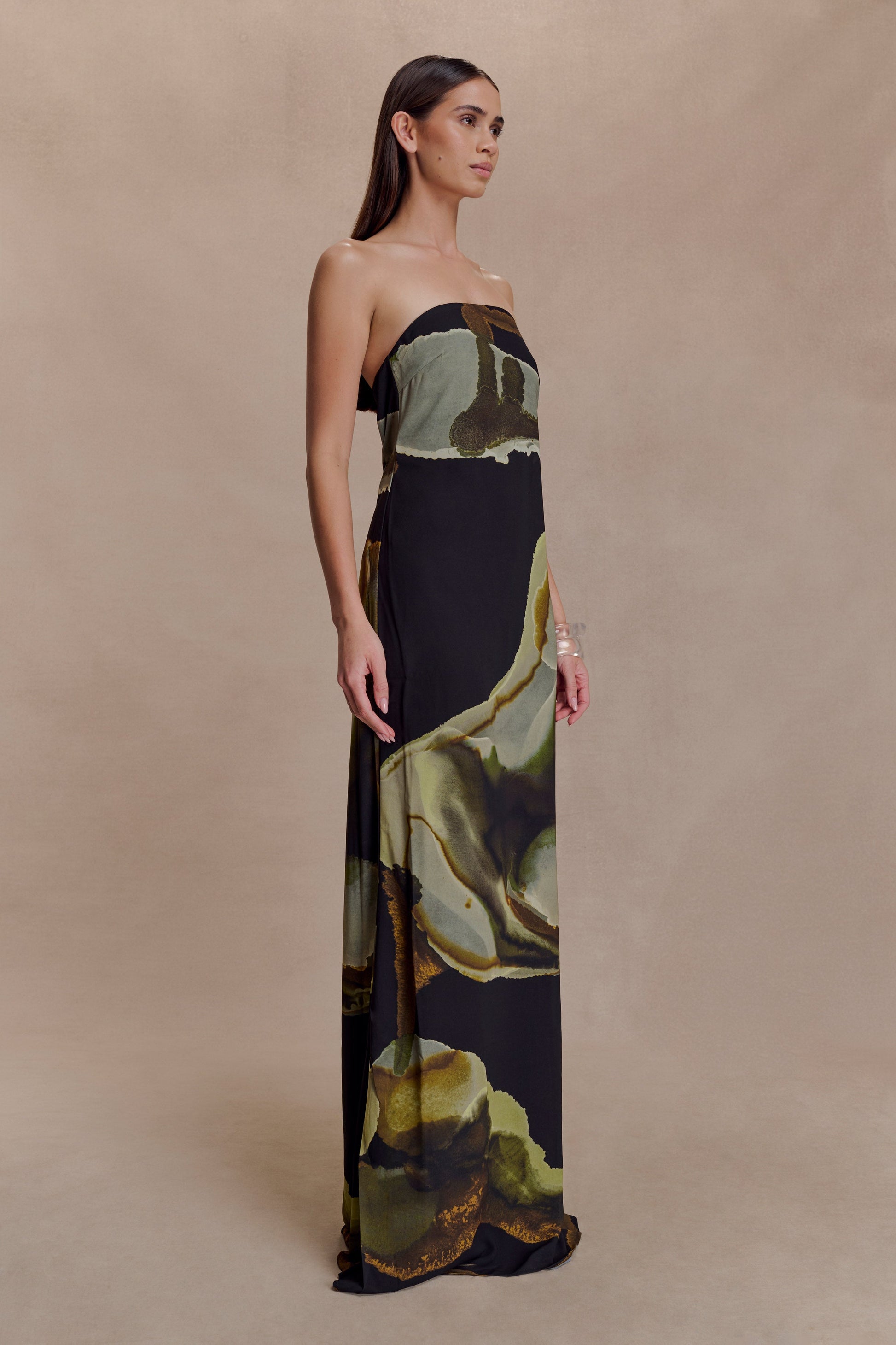 Amaya Strapless Chiffon Maxi Dress Green Fluid Reverie Print 2