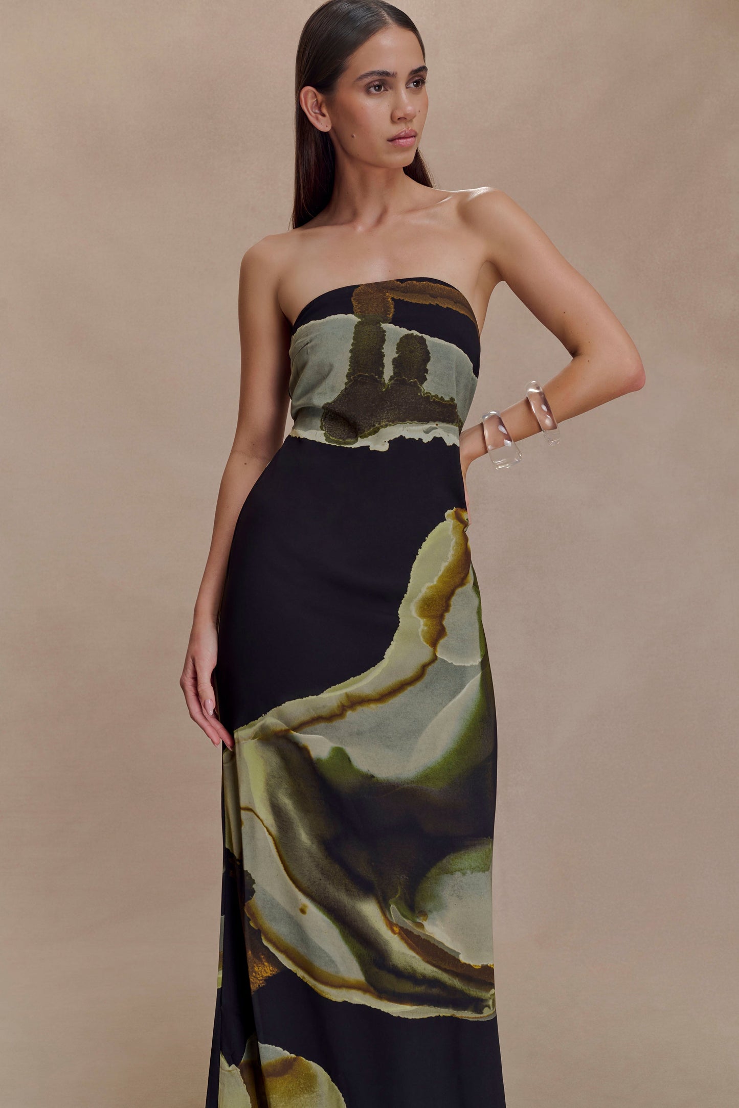 Amaya Strapless Chiffon Maxi Dress Green Fluid Reverie Print 3