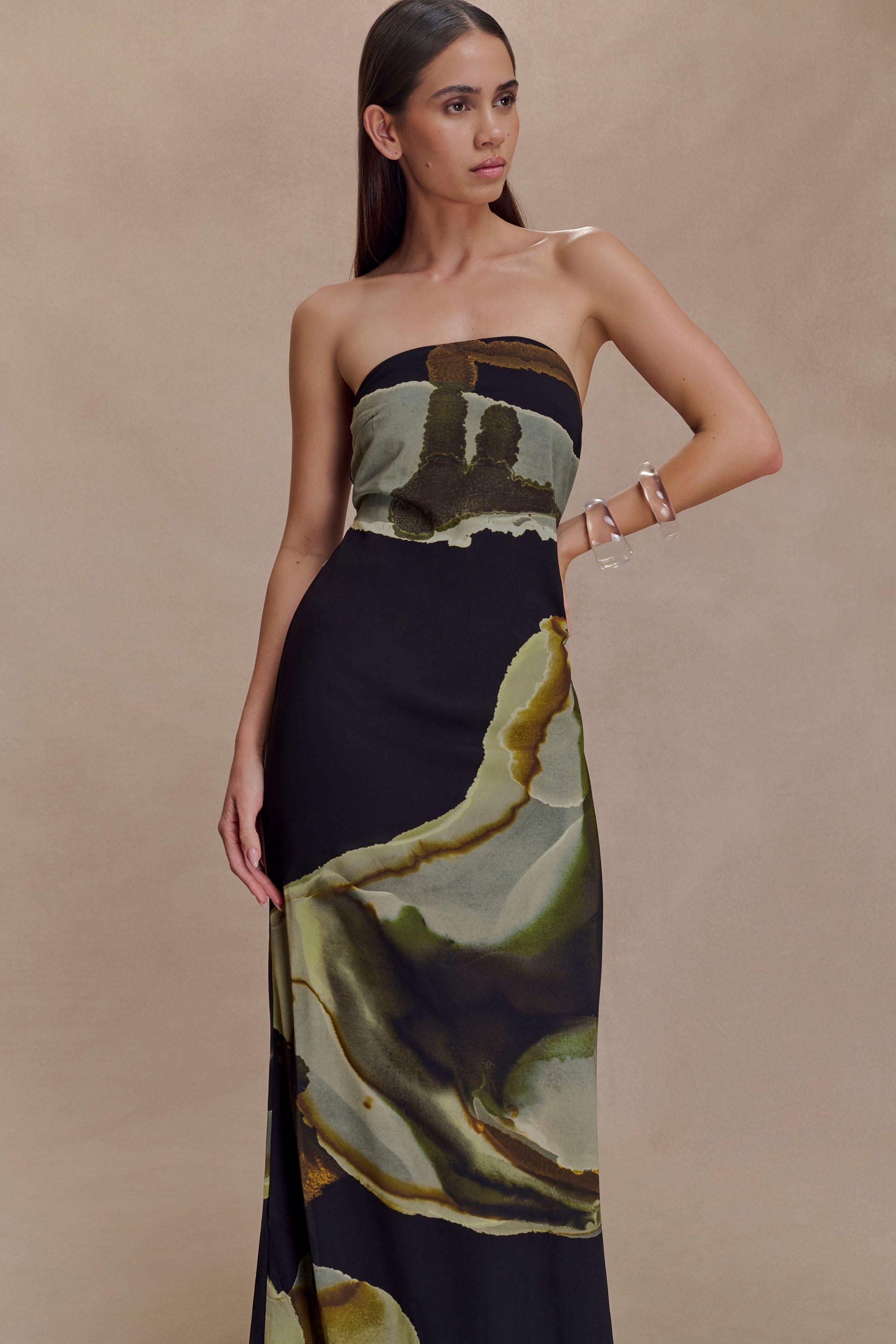 Amaya Strapless Chiffon Maxi Dress Green Fluid Reverie Print 3