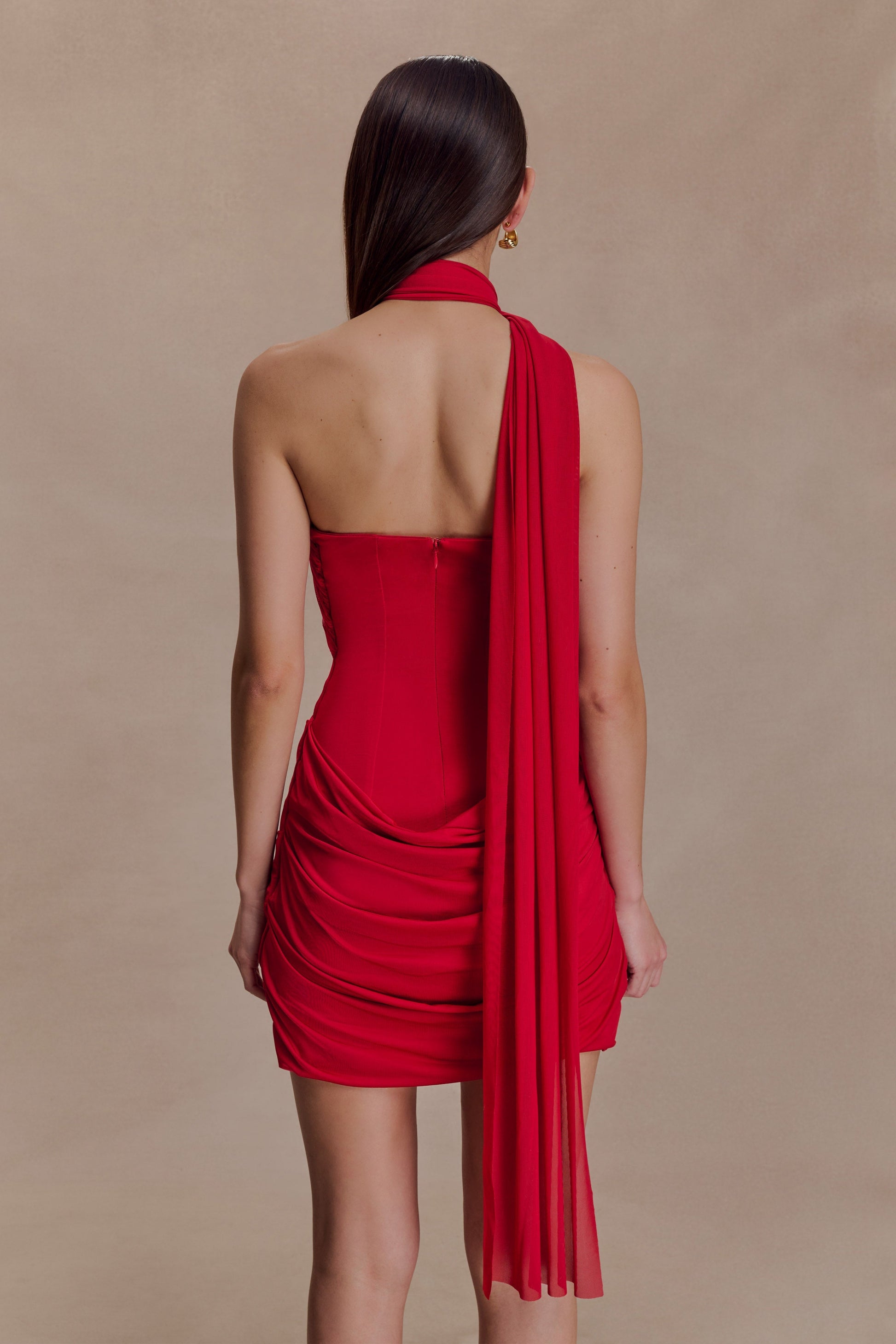 Mattea Slinky Mesh Mini Dress with Scarf Red 2