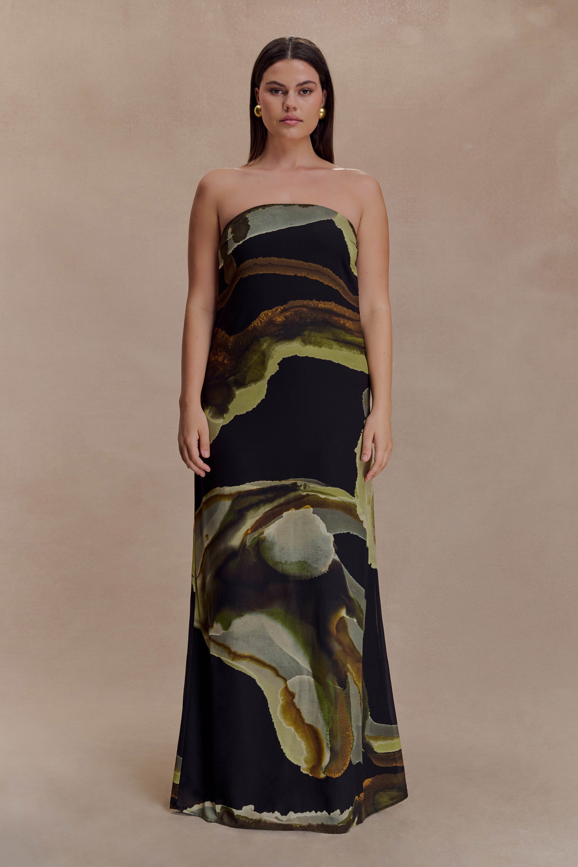 Amaya Strapless Chiffon Maxi Dress Green Fluid Reverie Print 6